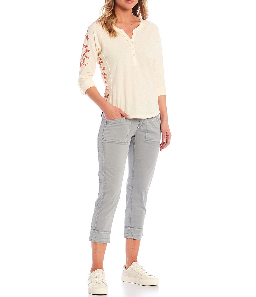 Aventura Carolina Embroidery Long Roll Tab Sleeve Jersey Slub Organic Cotton Top