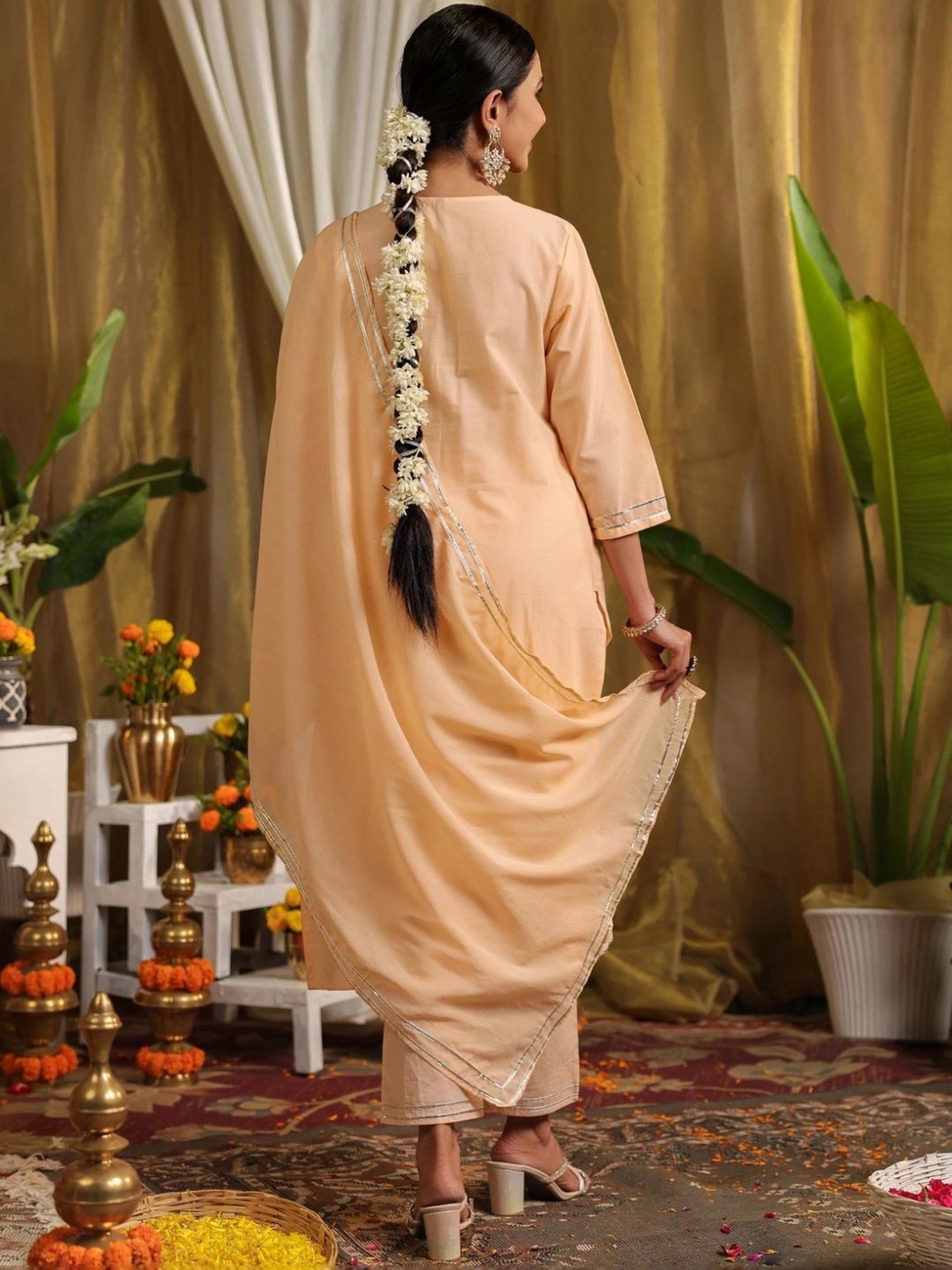 SCAKHI Peach Cotton Gota & Mirror Work Kurta and Pant With Dupatta