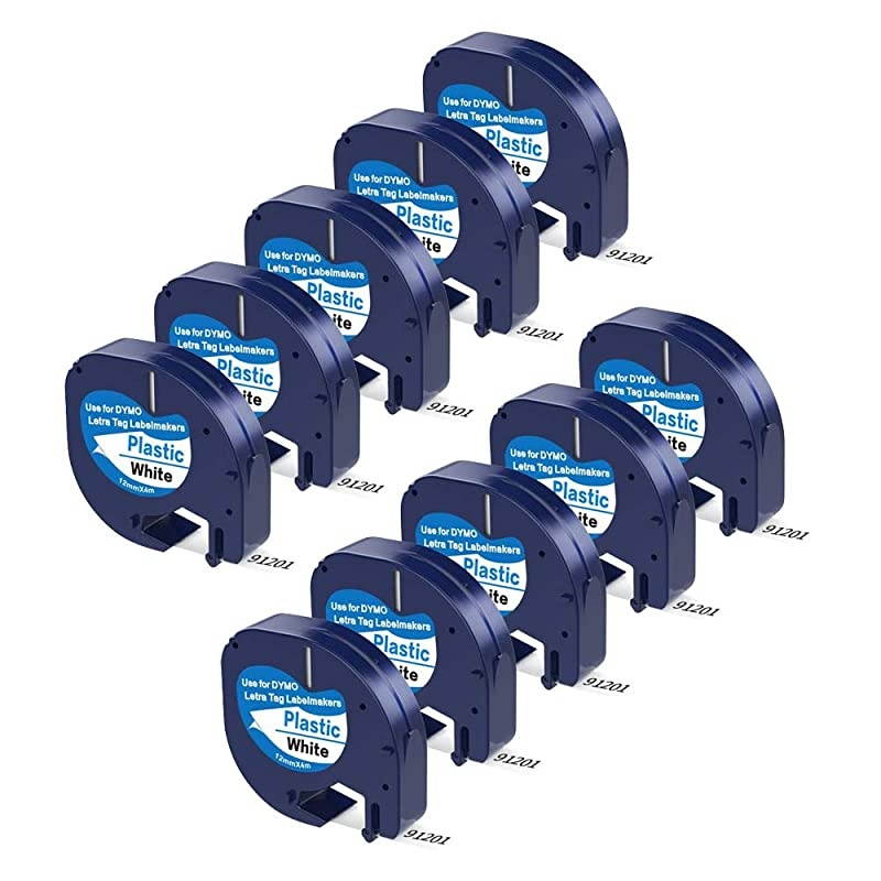 Compatible Label Tape Replacement for Dymo Letratag Refills Plastic 91331 S0721660 Label Tape 12 Inch x 13 Feet Black on White for DYMO Label Maker LT100H LT100T LT110T 10Pack