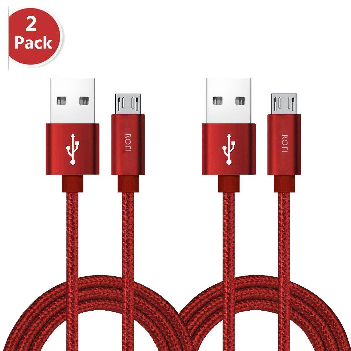 RoFI Micro USB Cable, [2Pack] 0.6M Samsung Charger, Nylon Braided Micro USB Charger, High Speed USB 2.0 A to Micro B Charging Cord Universal for HTC, S6, Kindle, Android, and More (Red, 2 Feet)