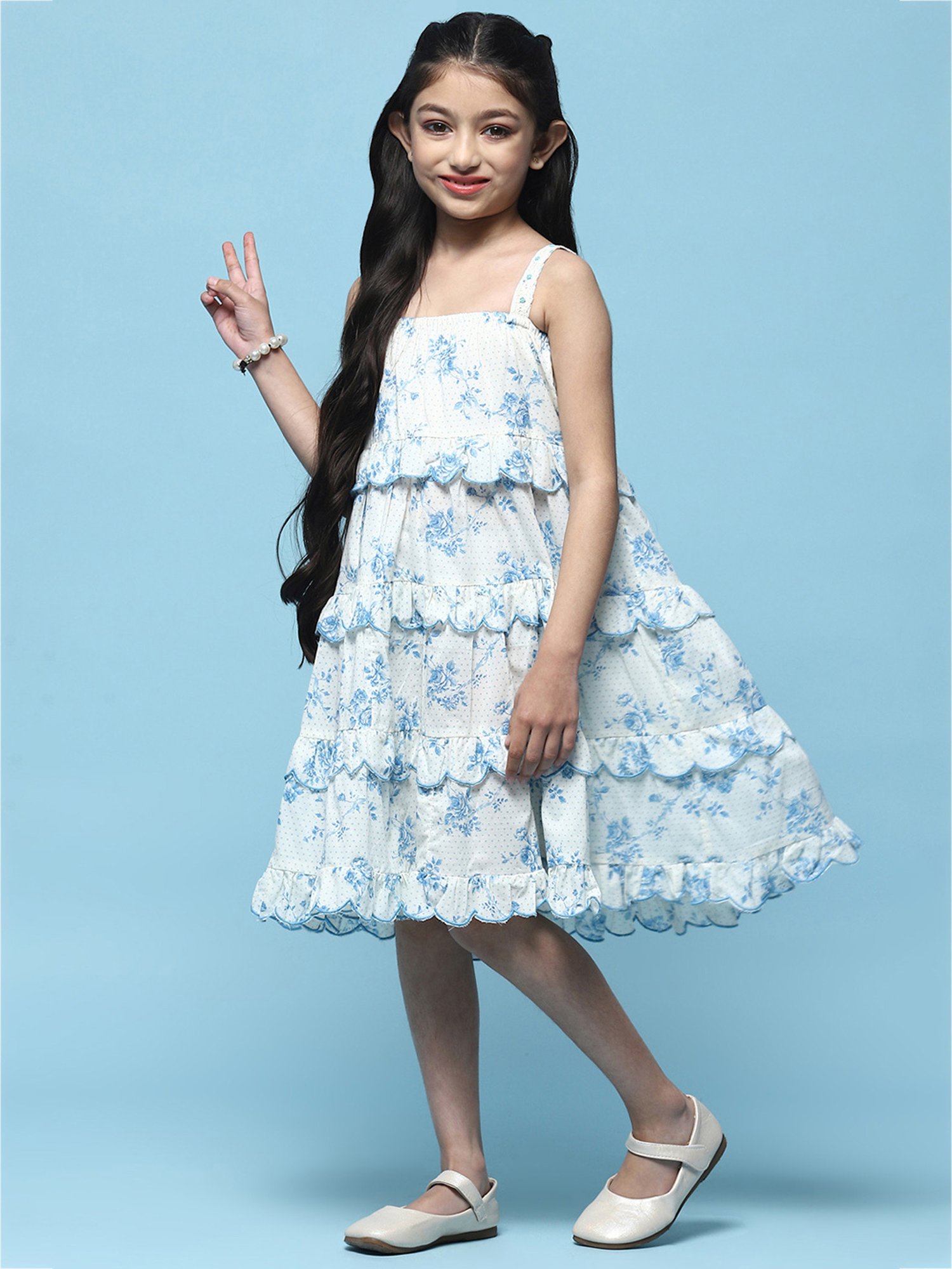 BIBA Girls White & Blue Floral Print Dress