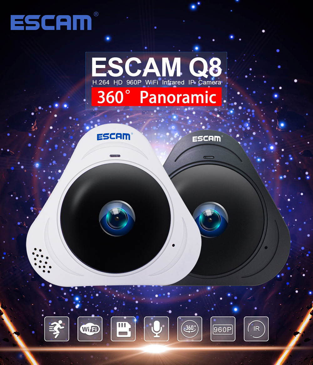ESCAM Q8 360 Degree Panoramic WiFi IP Camera 960P Fisheye Lens BLACK US Plug