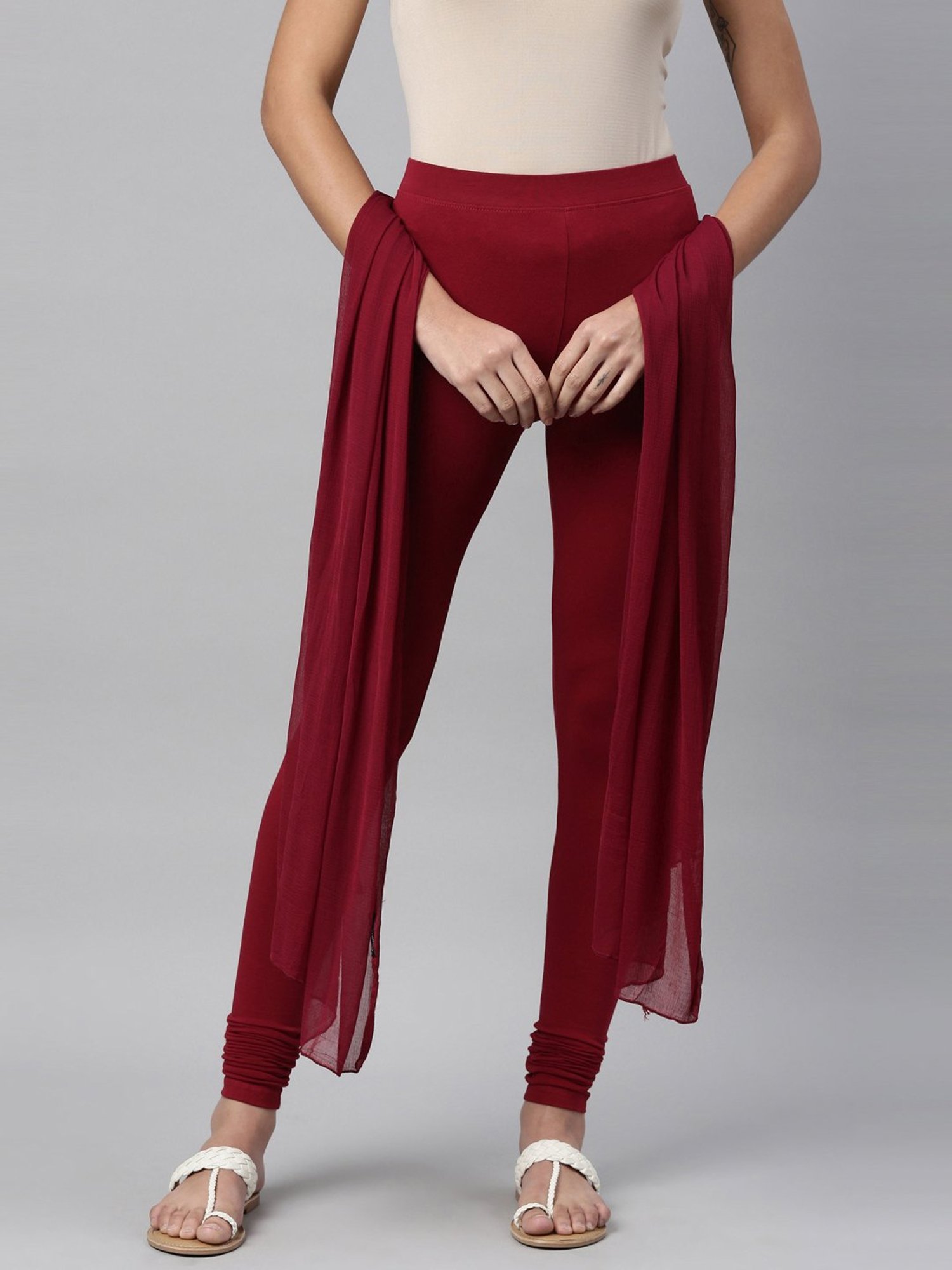 TWIN BIRDS Maroon Cotton Leggings With Dupatta