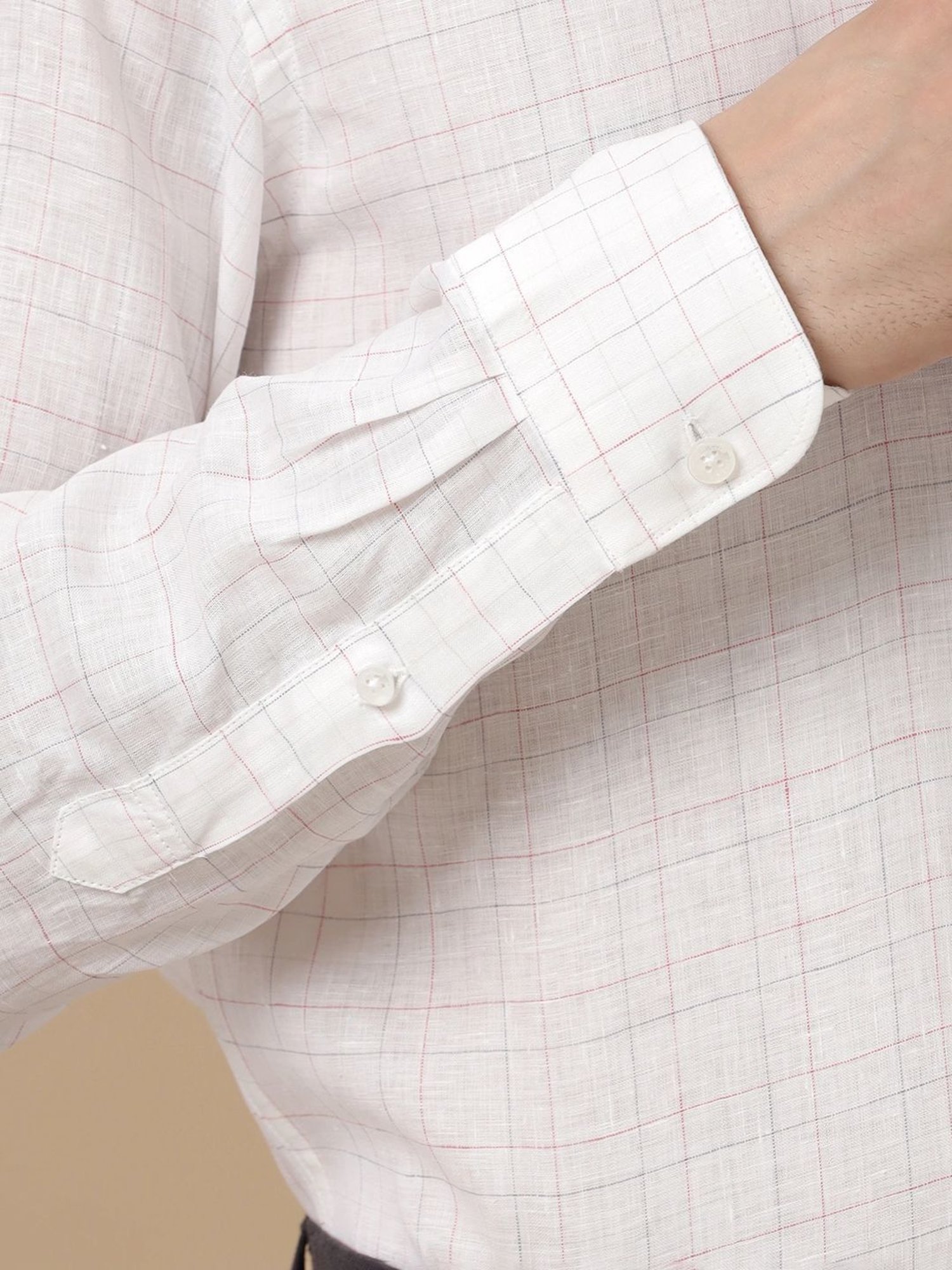 Linen Club White Linen Contemporary Fit Checks Shirt