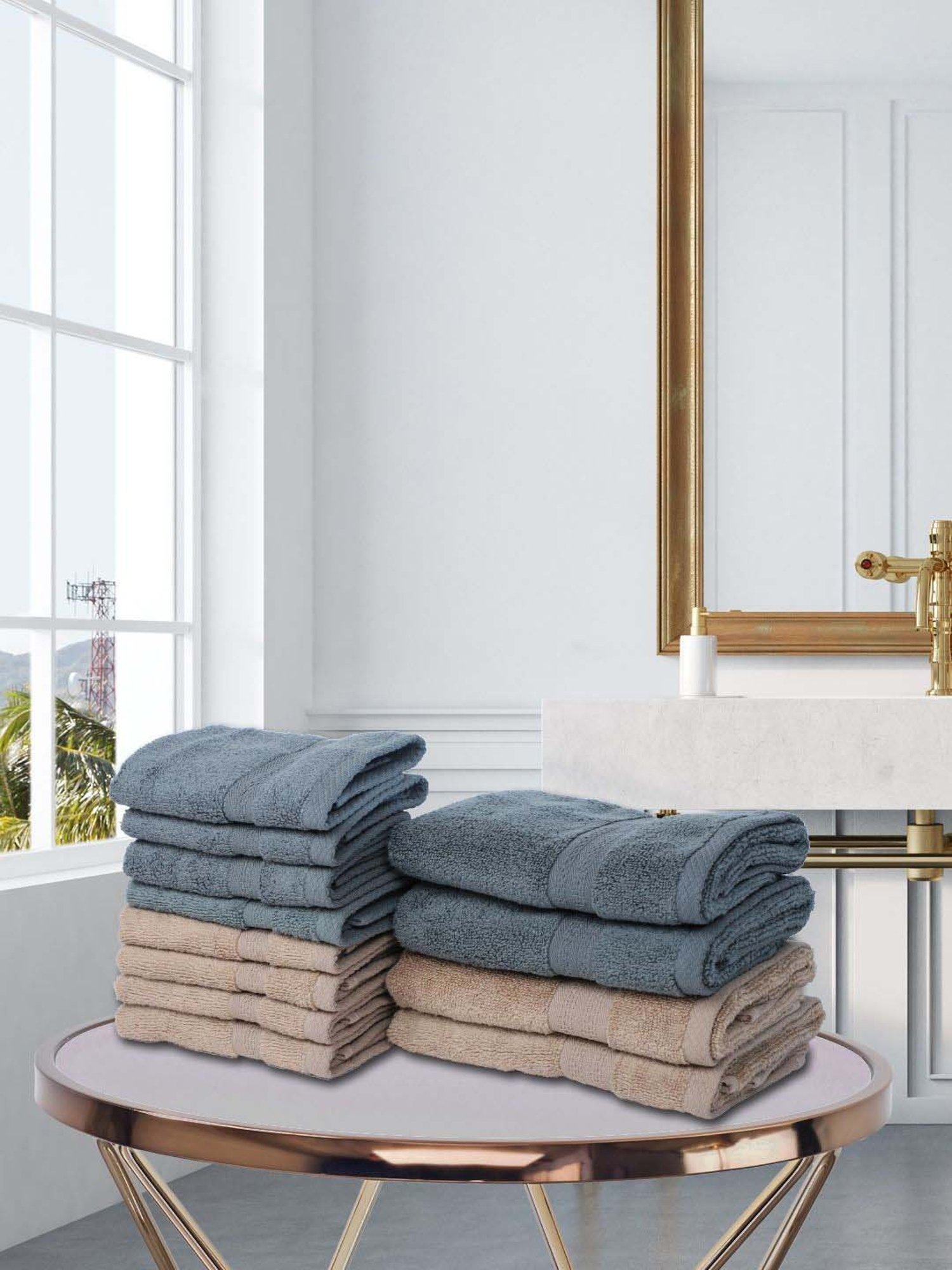 BIANCA [12pc] Zero-Twist 100% Cotton Ultra-Fluffy Towels -4pc Hand, 8pc Face (paradiso)-grey/wheat