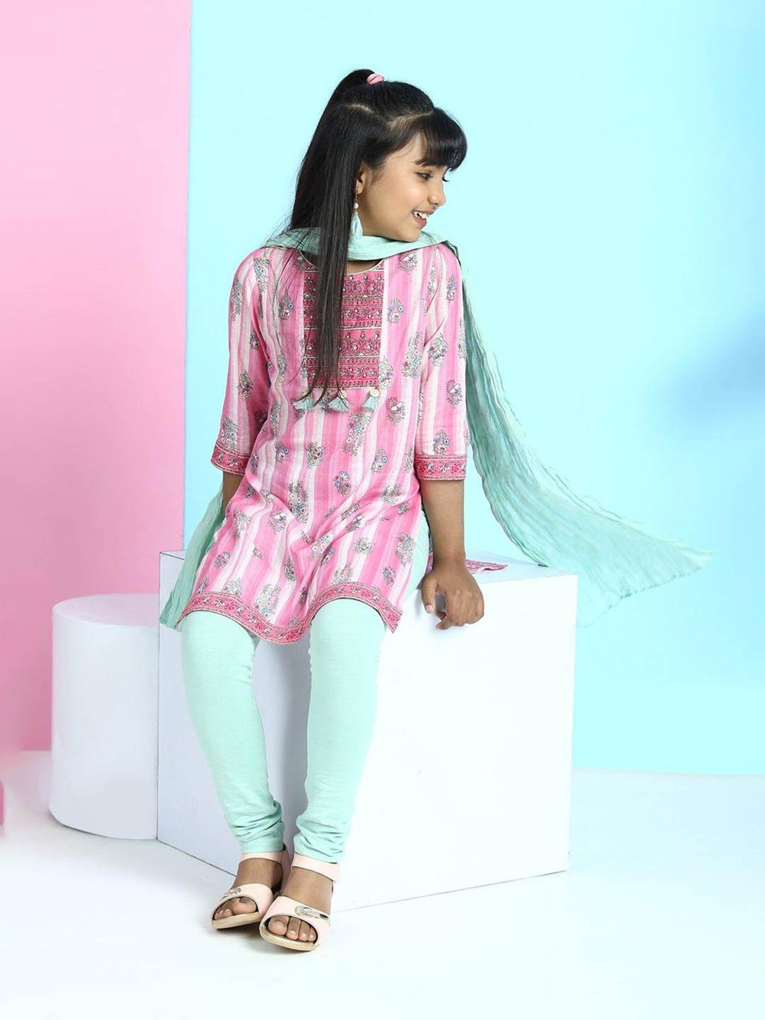 BIBA Girls Pink & Green Printed Kurta, Leggings with Dupatta