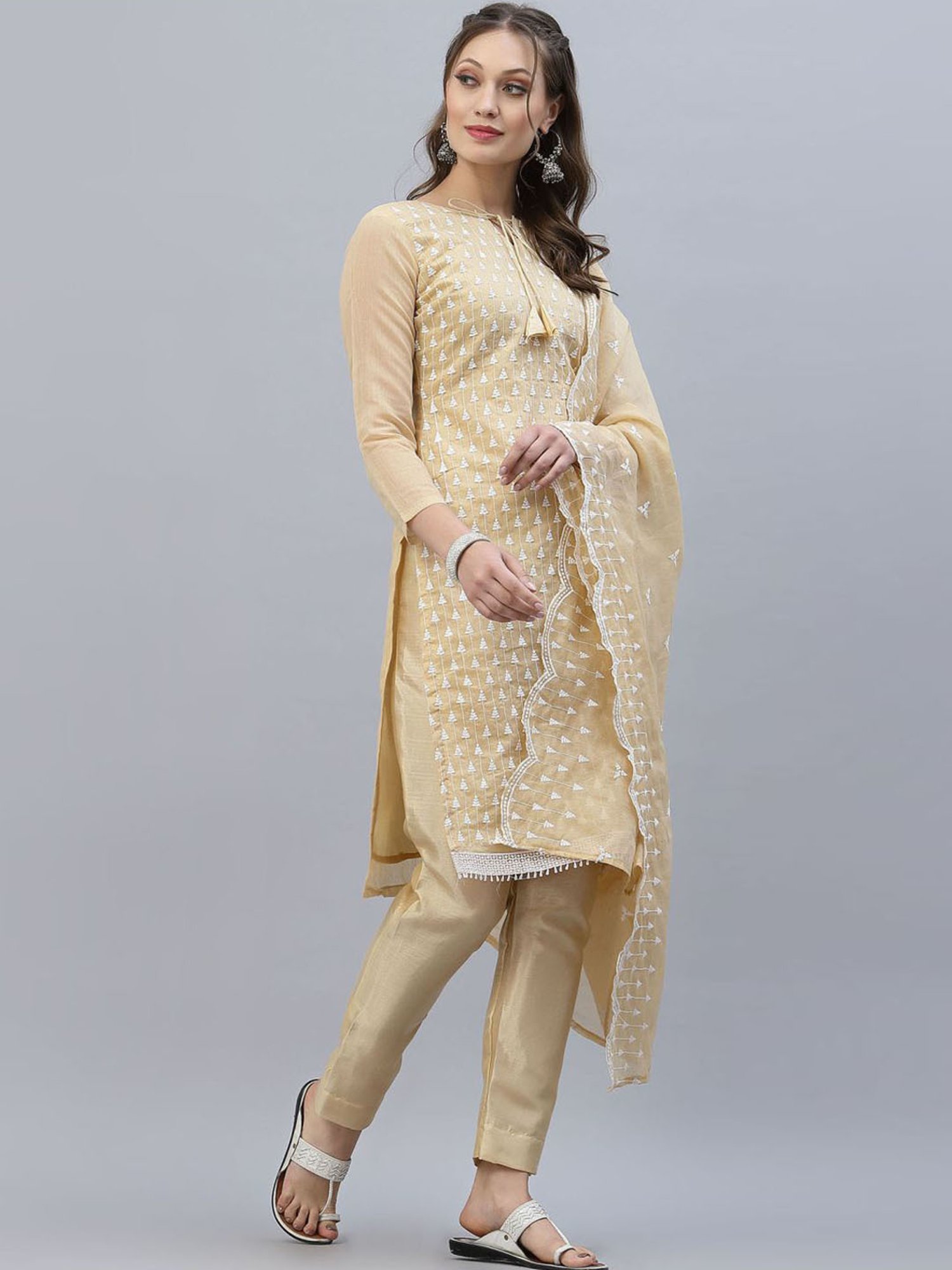 Satrani Beige Embroidered Unstitched Dress Material