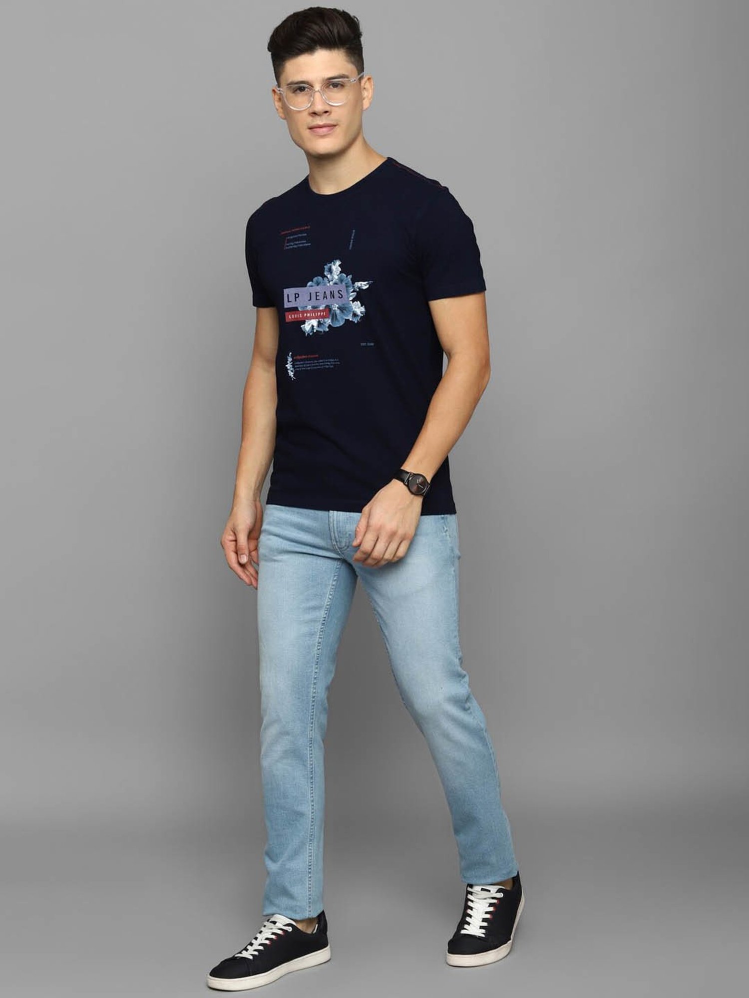 Louis Philippe Jeans Navy Blue Cotton Slim Fit Printed T-Shirt