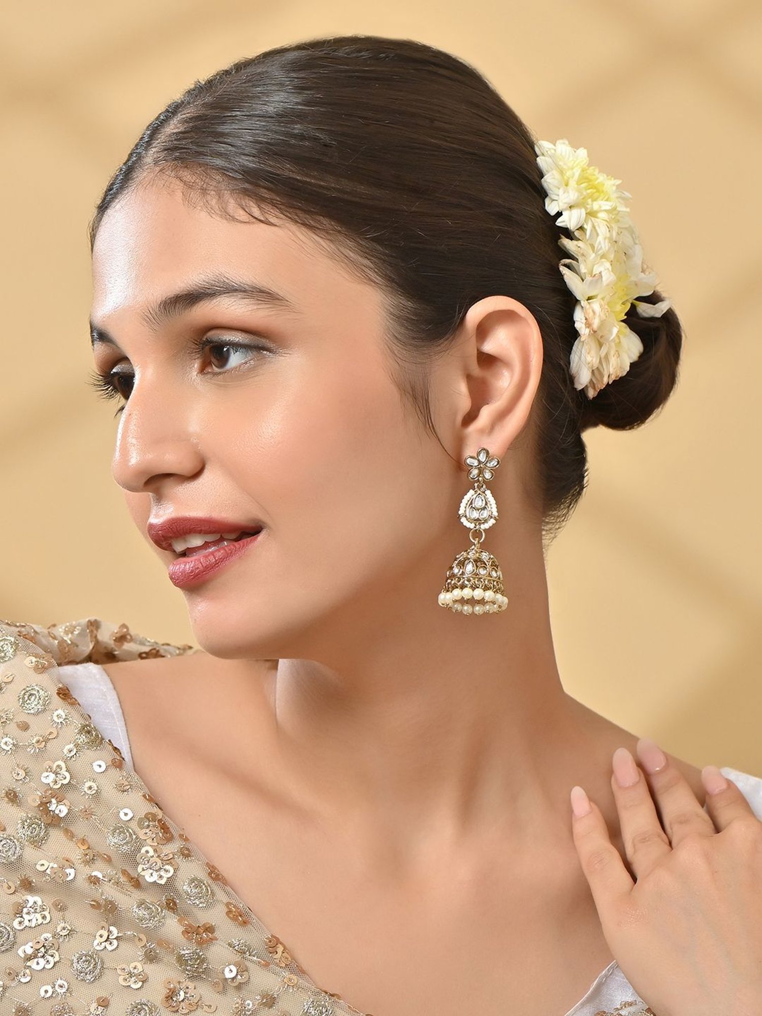 Fida Gold Plated White Pearls Jhumki Earrings for Women