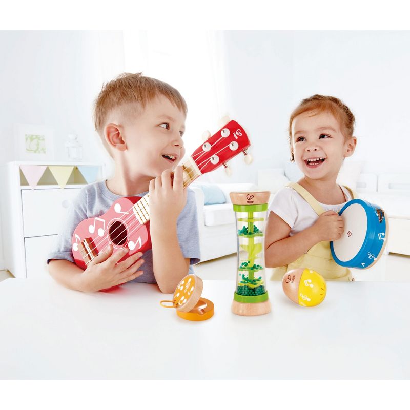 Hape E0339 Kids Toddler Preschool 5 Piece Wooden Musical Instrument Toy Mini Band Set with Ukulele, Tambourine, Clapper, Rattle, and Rain Stick