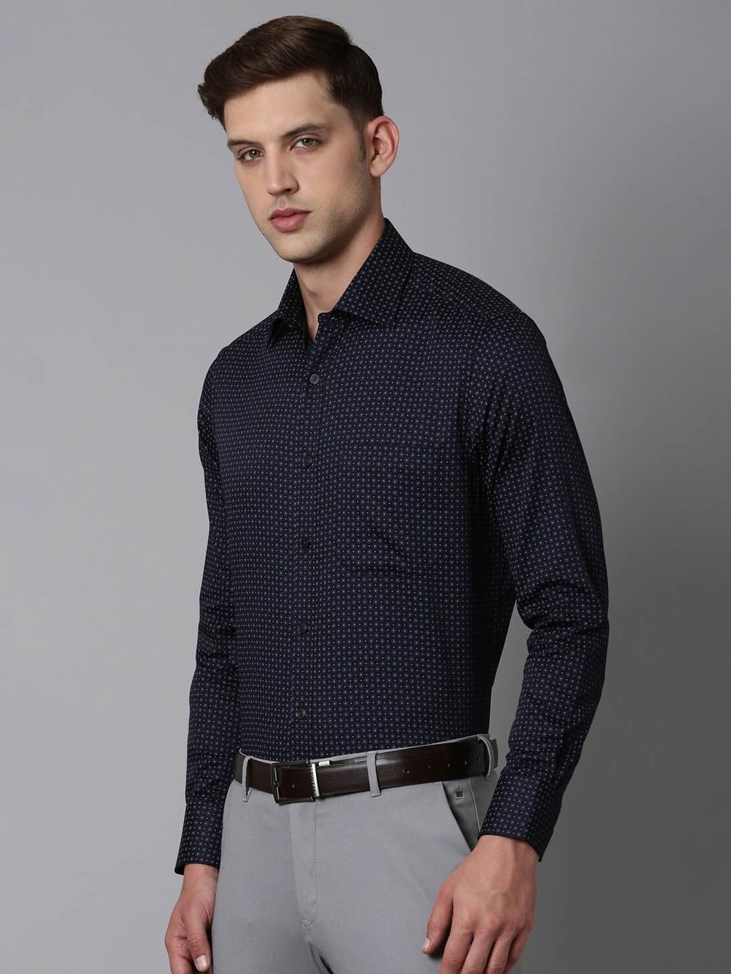 Luxure By Louis Philippe Navy Blue Cotton Regular Fit Printed Shirt