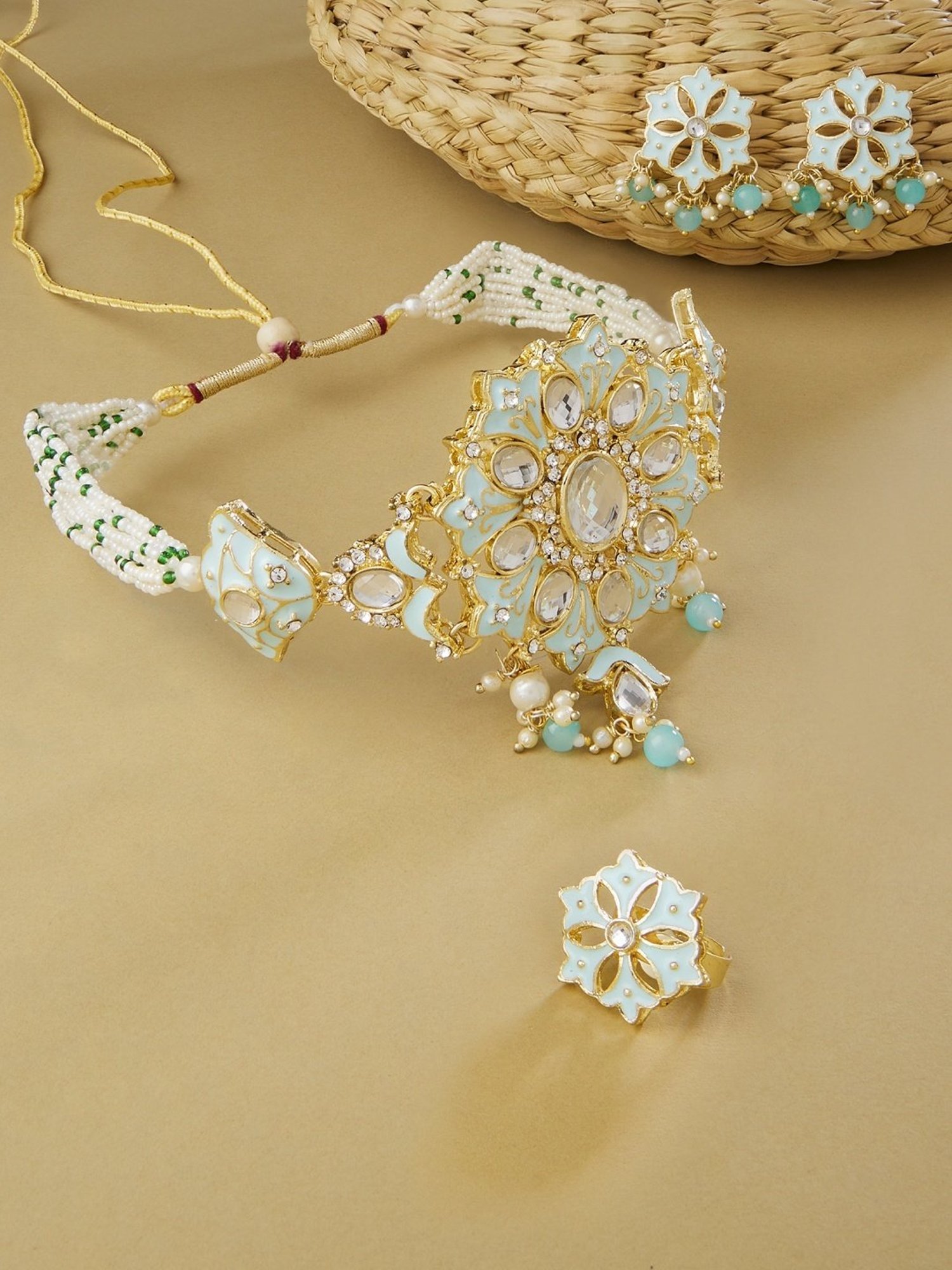 Zaveri Pearls Turquoise Meenakari Multistrand Kundan Necklace, Earring & Ring Set