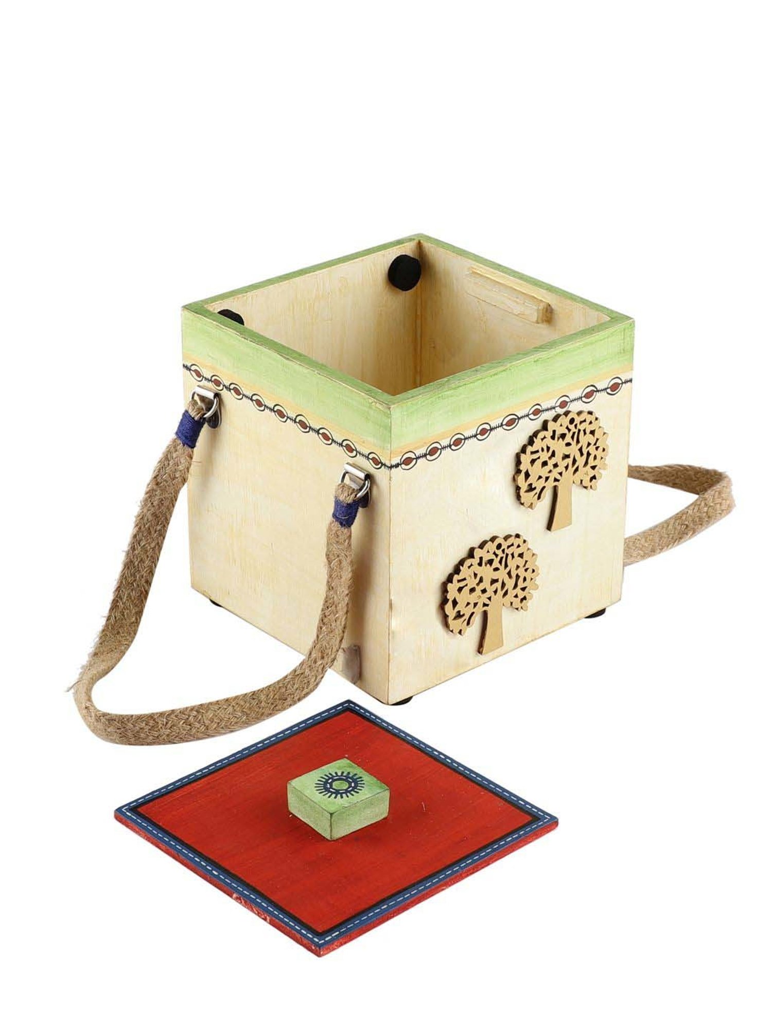 VarEesha Upahaar Beige & Red Wood Decorative Gift Box with 2 Tea Light Holders