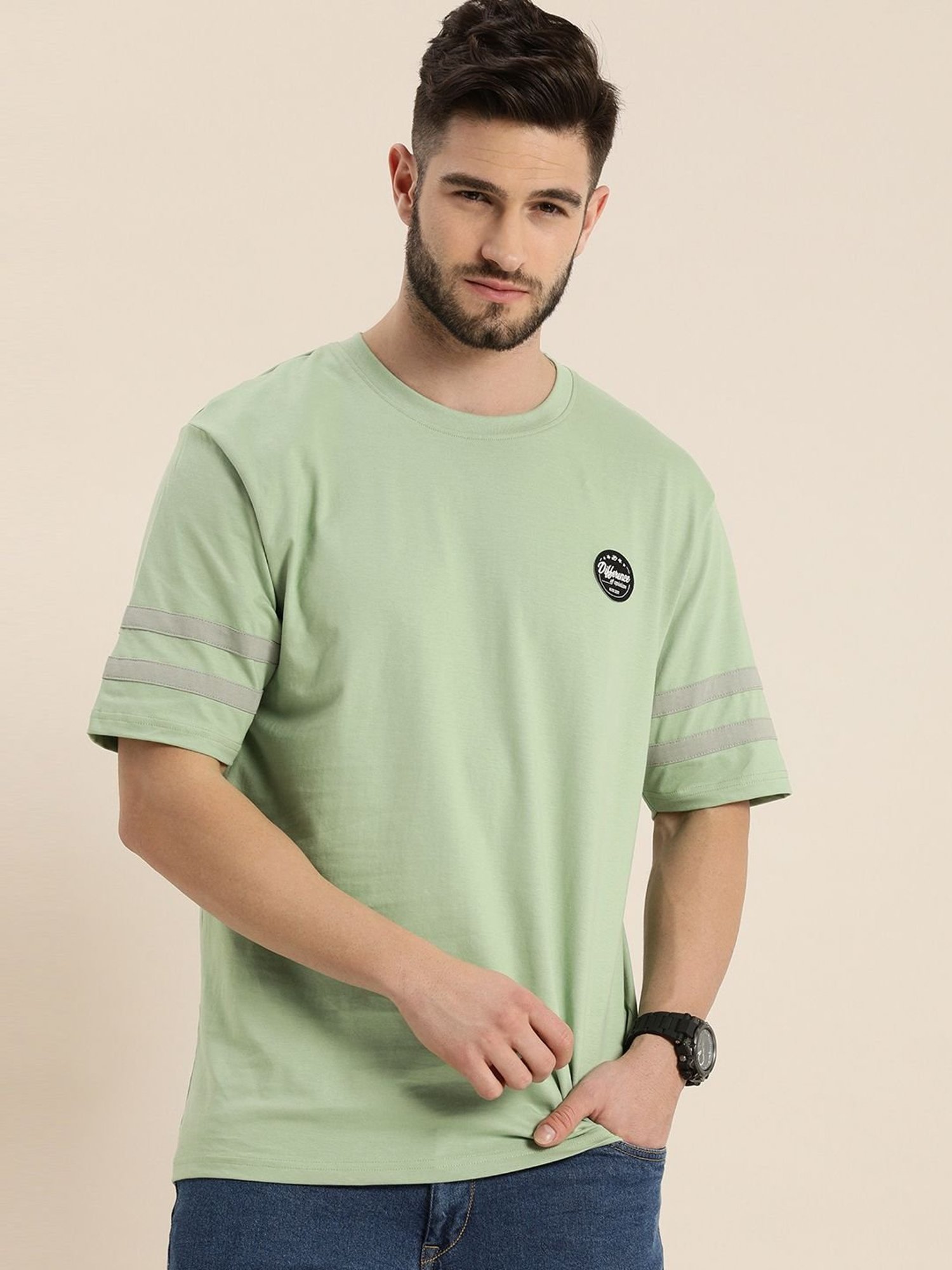Difference Of Opinion Green Cotton Loose Fit Striped T-Shirt
