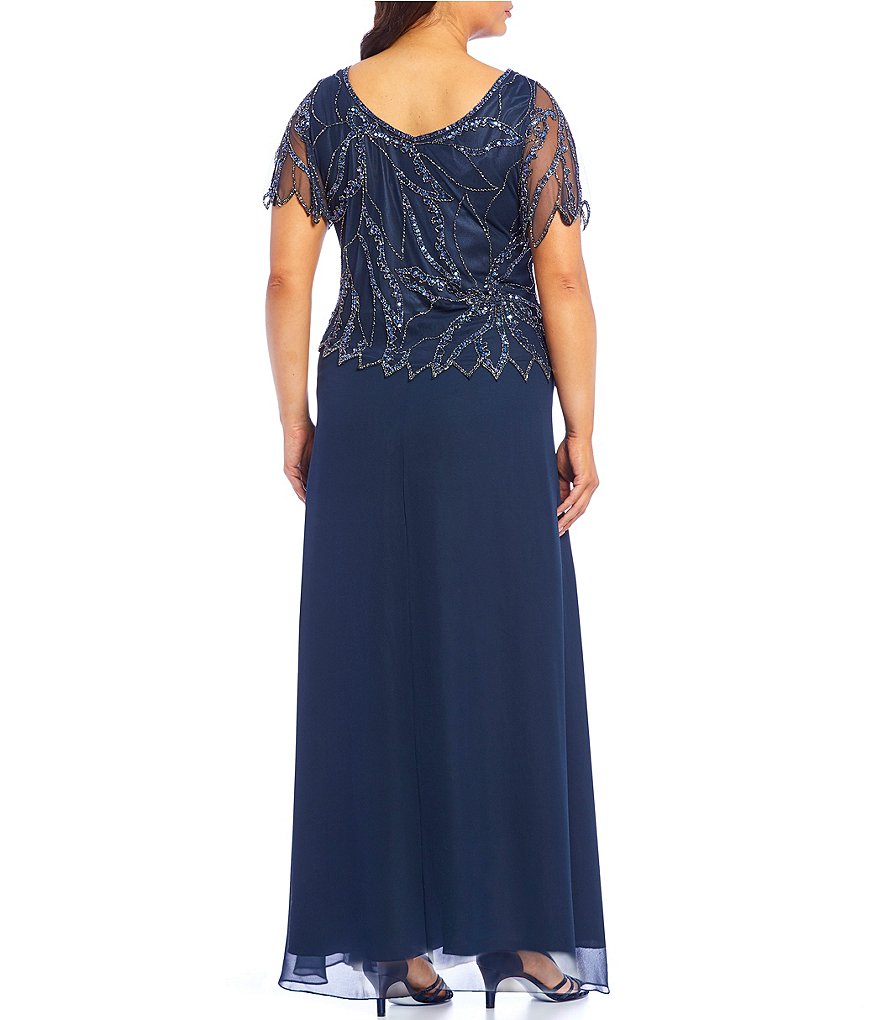 Jkara Plus Size Beaded Short Sleeve V-Neck Long Gown