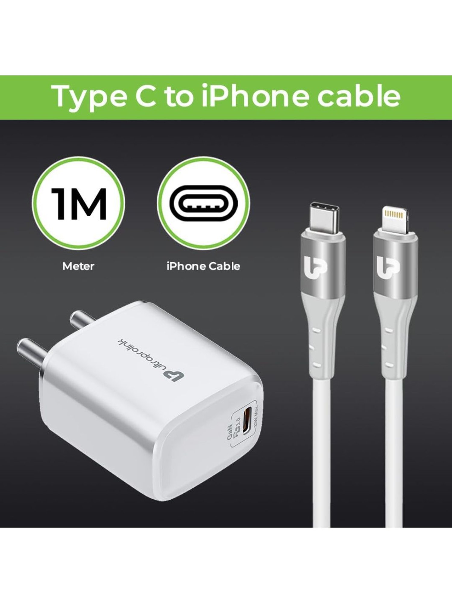 UltraProlink UM1102L Boost PD33L 33W GaN Charger With Type C Port, Type C to iPhone Cable (White)