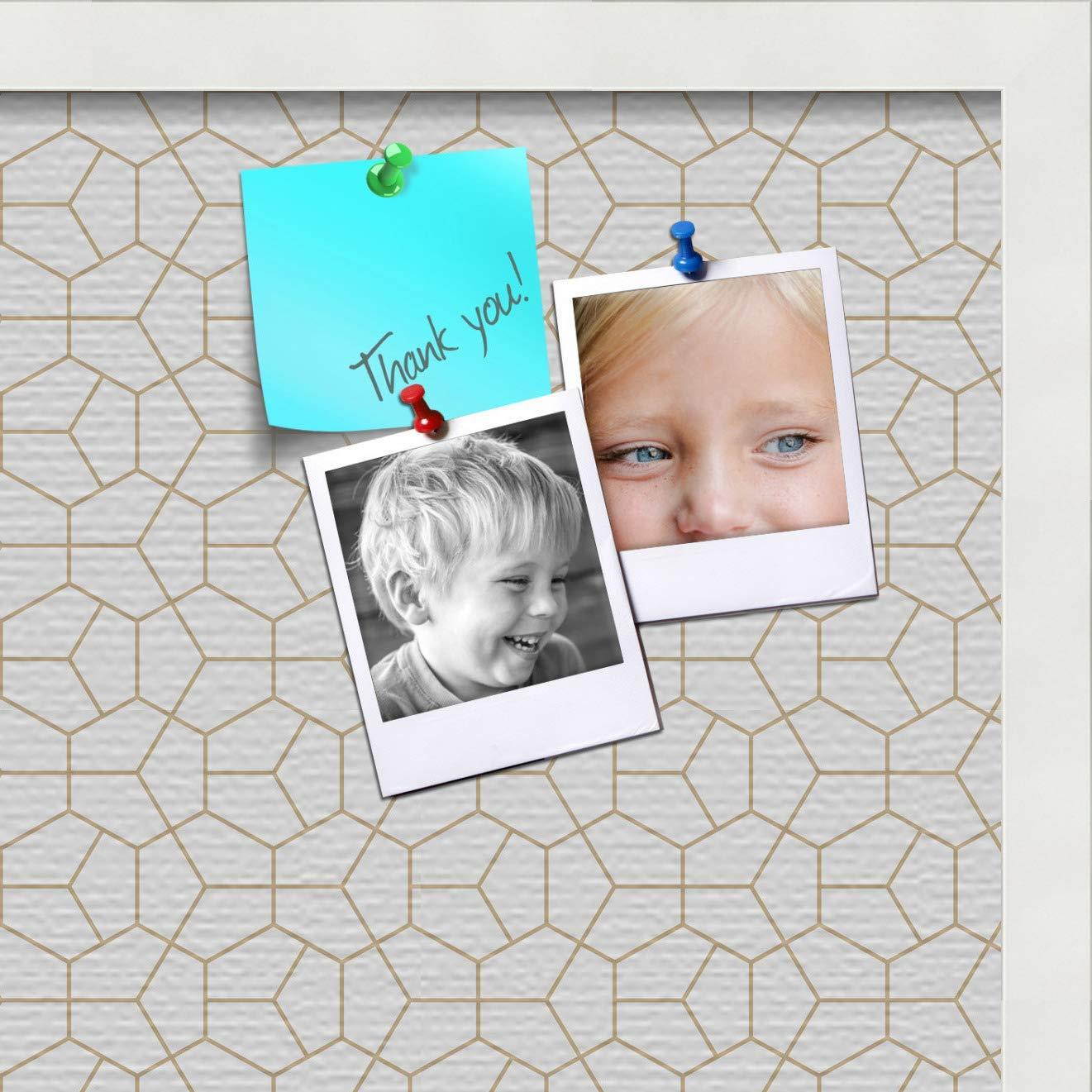 PinPix custom printed pin cork bulletin board made from canvas, Modeco Hex Gold 20x20 Inches (Completed Size) and framed in Satin White Frame (PinPix-Group-65)