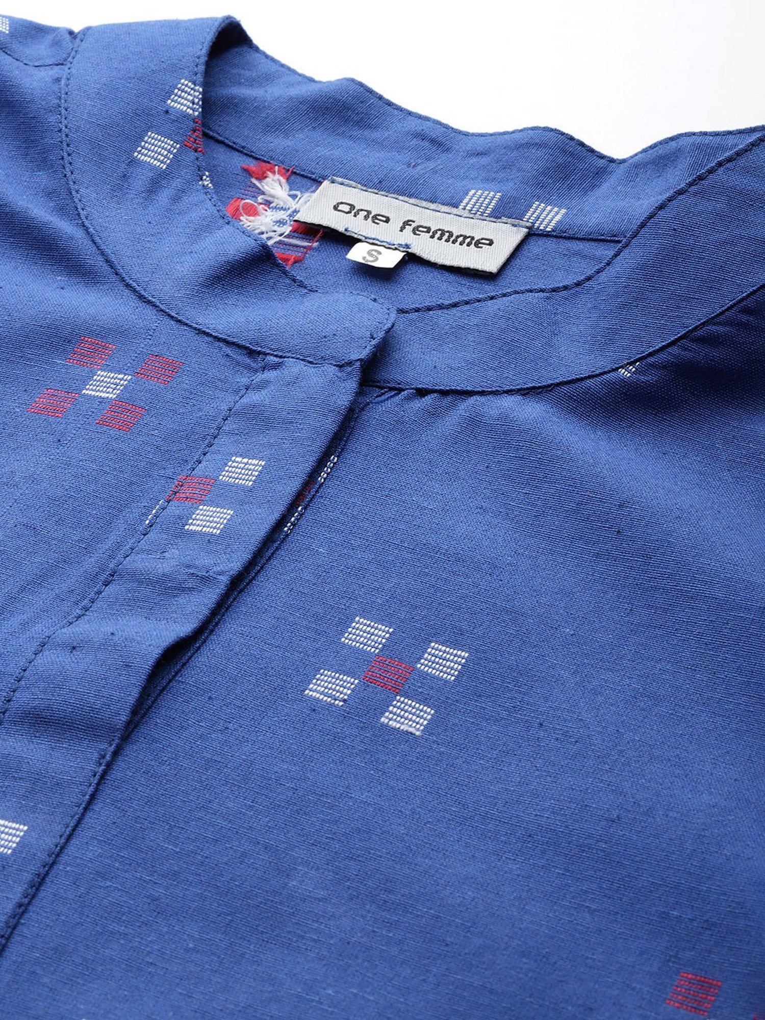 One Femme Blue Cotton Embroidered A Line Kurti