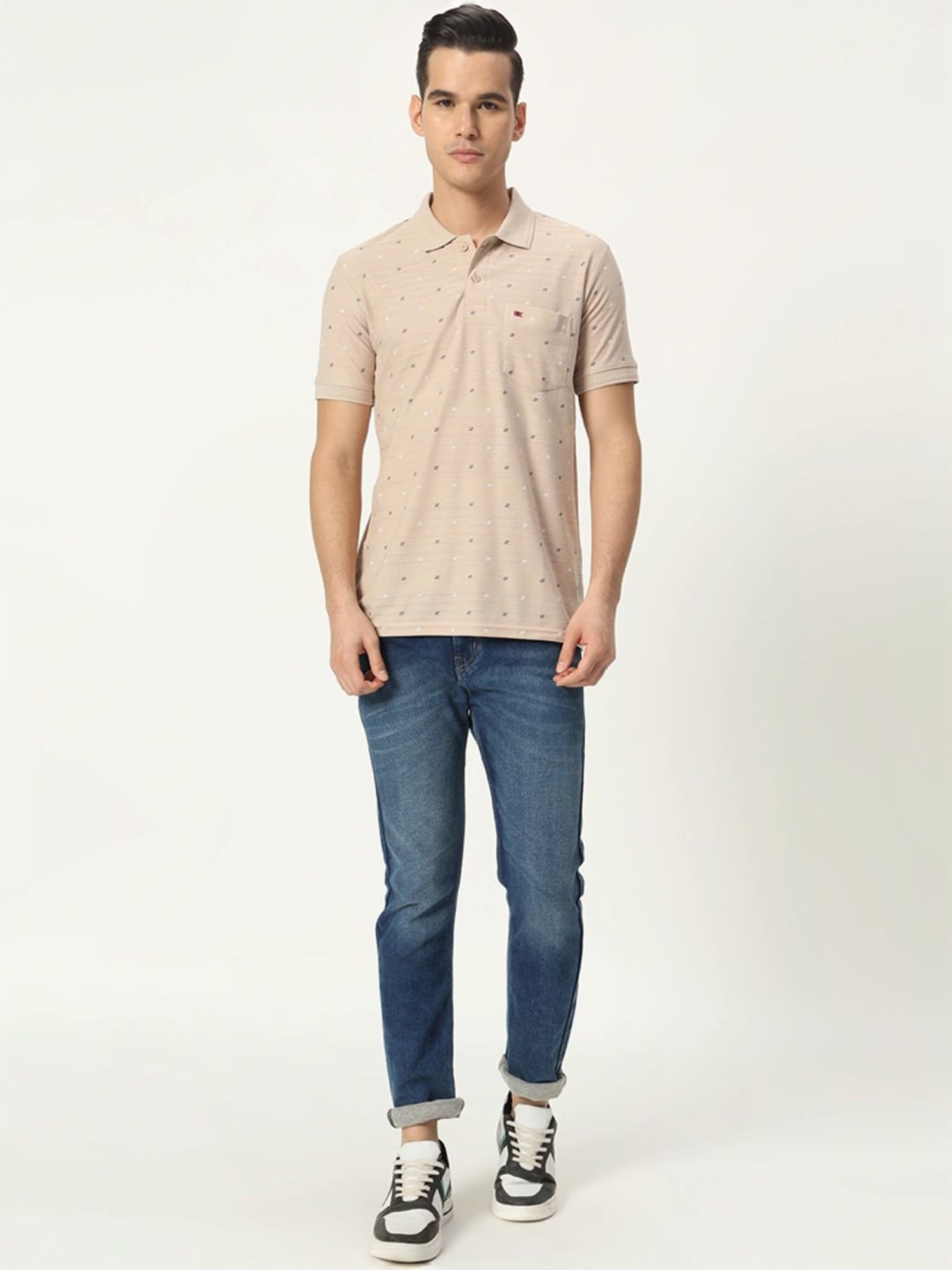 Tab91 Beige Regular Fit Printed Polo T-Shirts
