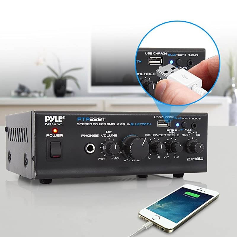 Bluetooth Mini Blue Series Home Audio Amplifier Compact Desktop Home Theater Stereo Amplifier Receiver with USB Charge Port | Pager Mixer Karaoke Modes | Mic Input 40 Watt x 2 |  PTA22BT 2X2X2