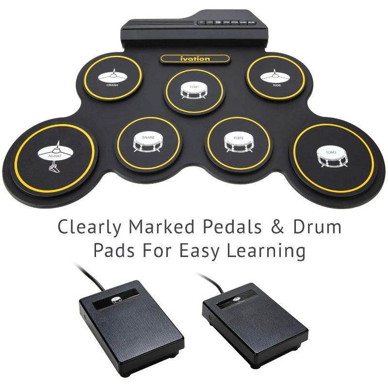 Ivation Portable Electronic Drum Pad - Digital Roll-Up Touch Sensitive Drum Practice Kit - 7 Labeled Pads 2 Foot Pedals Kids Children Beginners (No Speakers/AAA Battery Operated)