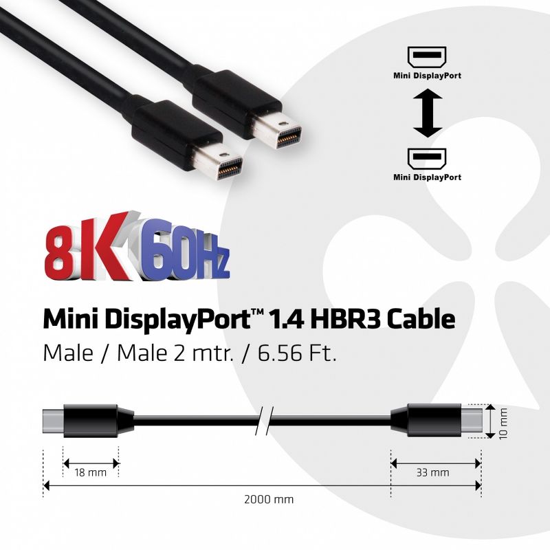 Club 3D MiniDisplayPort 1.4 HBR3 Cable M/M 2m/6.56 Ft. - 6.56 ft Mini DisplayPort A/V Cable for Audio/Video Device, Gaming Computer, Monitor, Notebook