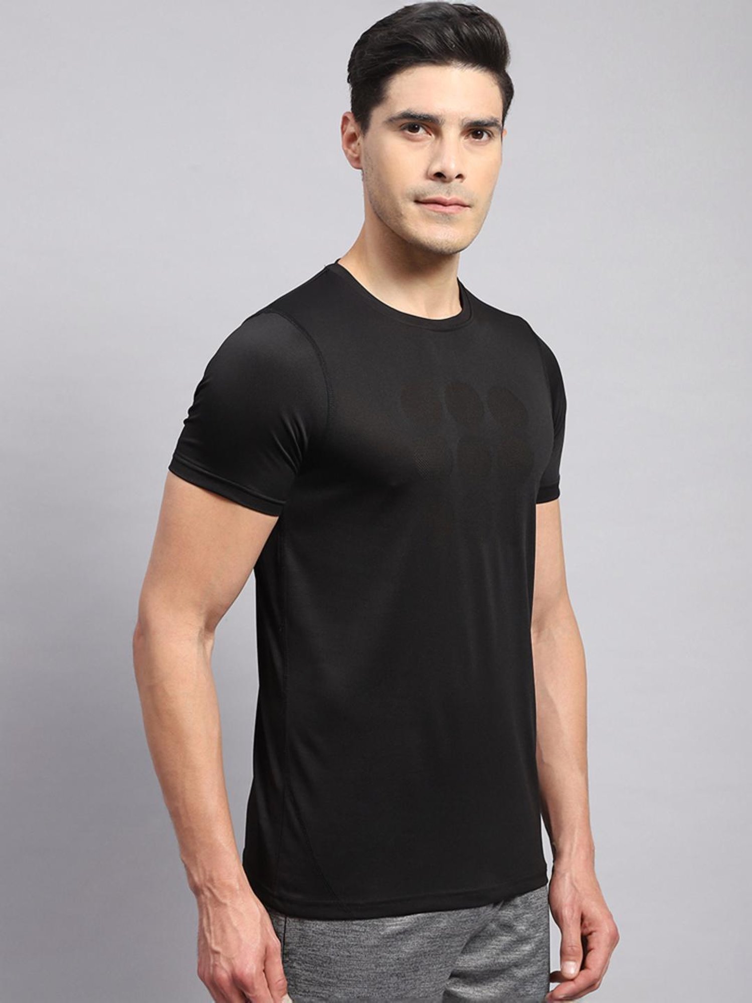 Rock.it Black Cotton Regular Fit Self Pattern T-Shirt
