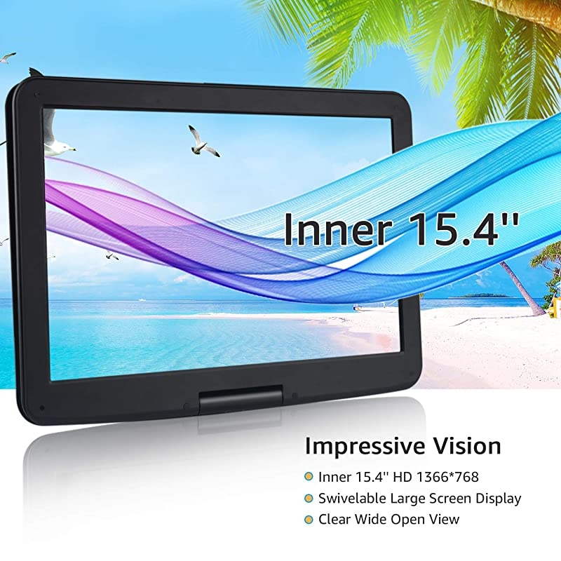 17.9&rsquo;&rsquo; Large Portable DVD/CD Player with 15.4&lsquo;&rsquo; Swivel Screen, 6 Hrs 5000mAH Rechargeable Battery, 1366x768 HD LCD TFT, Regions Free, Support USB/SD Card/ Sync TV , High Volume Speaker