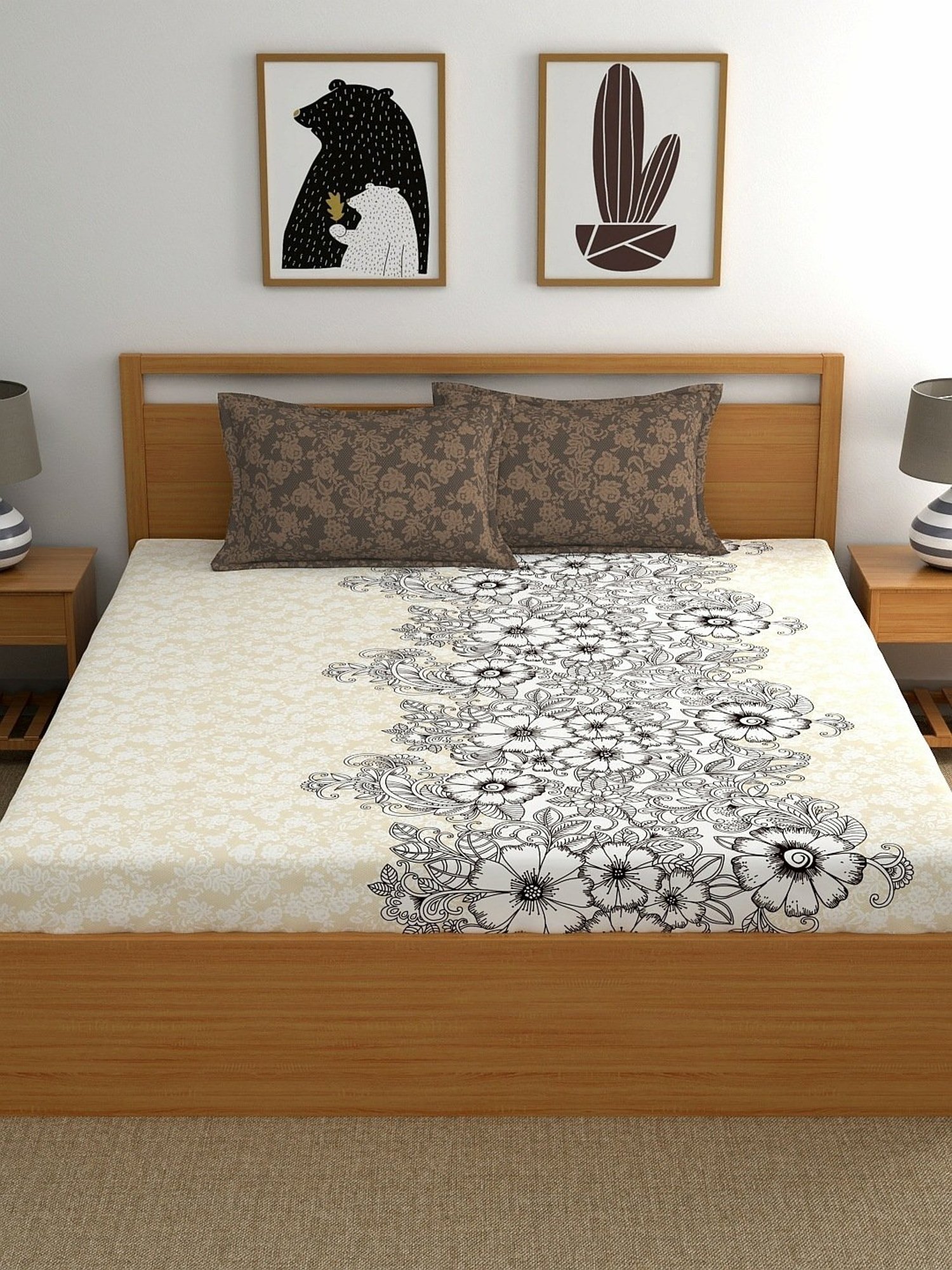My Room Floral Brown & Beige 140 TC Cotton King Bed Sheet with 2 Pillow Covers