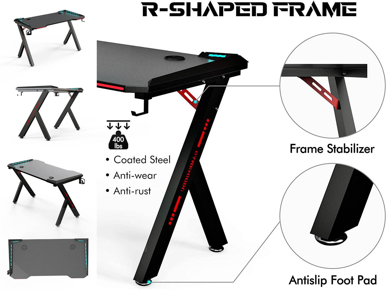 Gaming Desk, 55 Inch Gaming Table, PC Computer Workstation with LED RGB Lights, Headphone Hook and Cup Holder for Home, Black