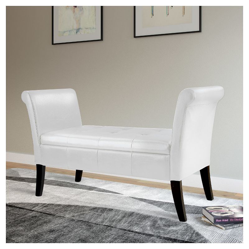 Antonio Storage Bench With Scrolled Arms In White Bonded Leather - CorLiving