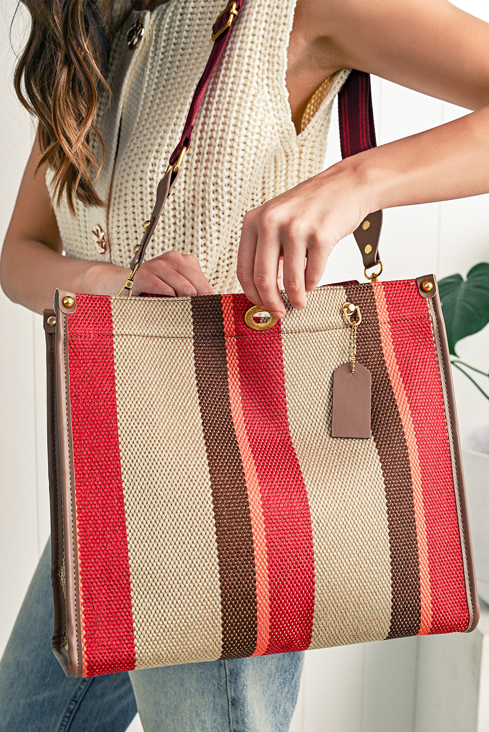Black Colorblock Bowknot Pattern Knitted Tote Bag