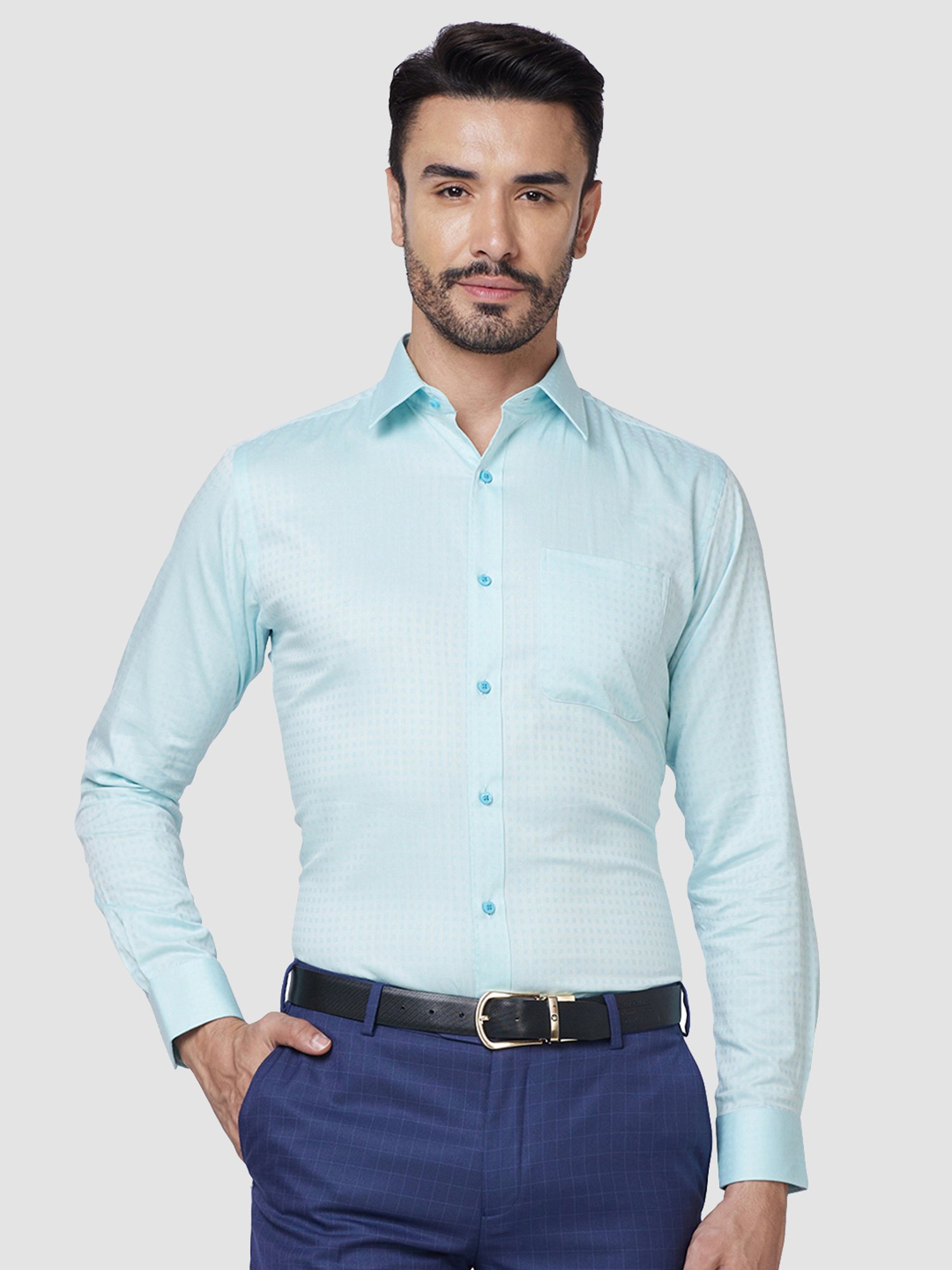 Raymond Petrol Blue Slim Fit Self Design Shirt