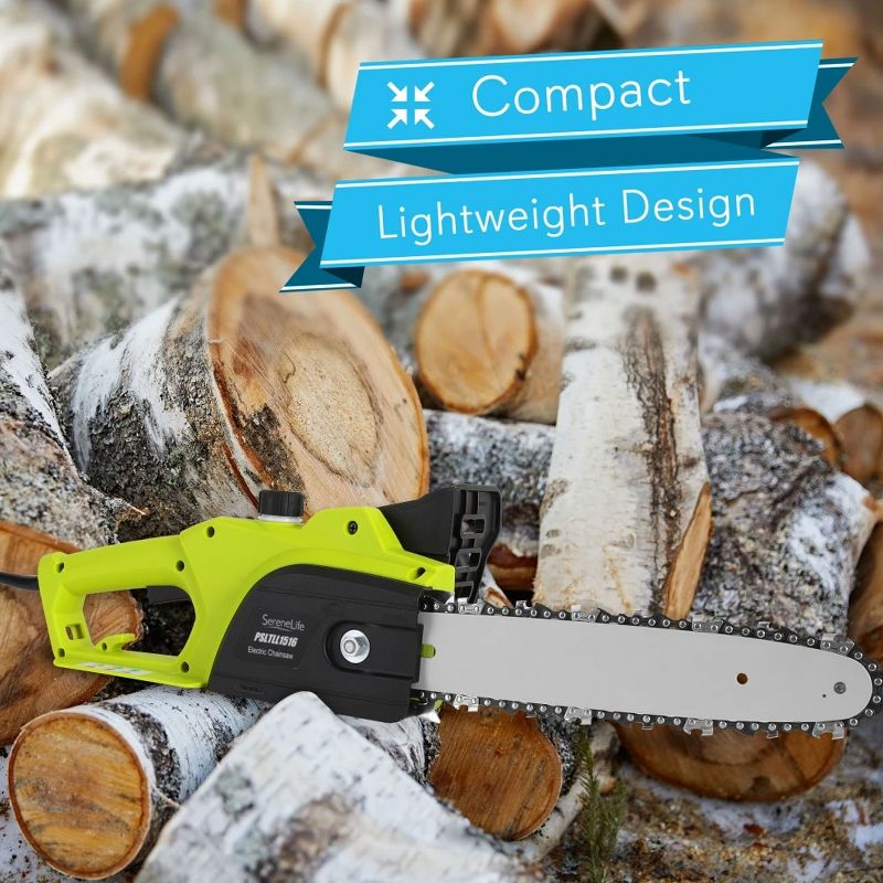 SereneLife 12 Inch 8 Amp Corded Electric Chain Saw Tree Trimmer with Tool Free Chain Tension, Safety Lock, Blade Cover, and 10 Foot Power Cord, Green
