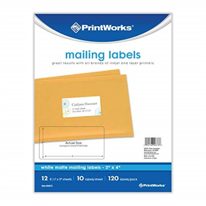 printworks white mailing labels for inkjet or laser printers or copiers, label size 2 x 4, 10 labels per sheet, 120 labels per pack, 00673