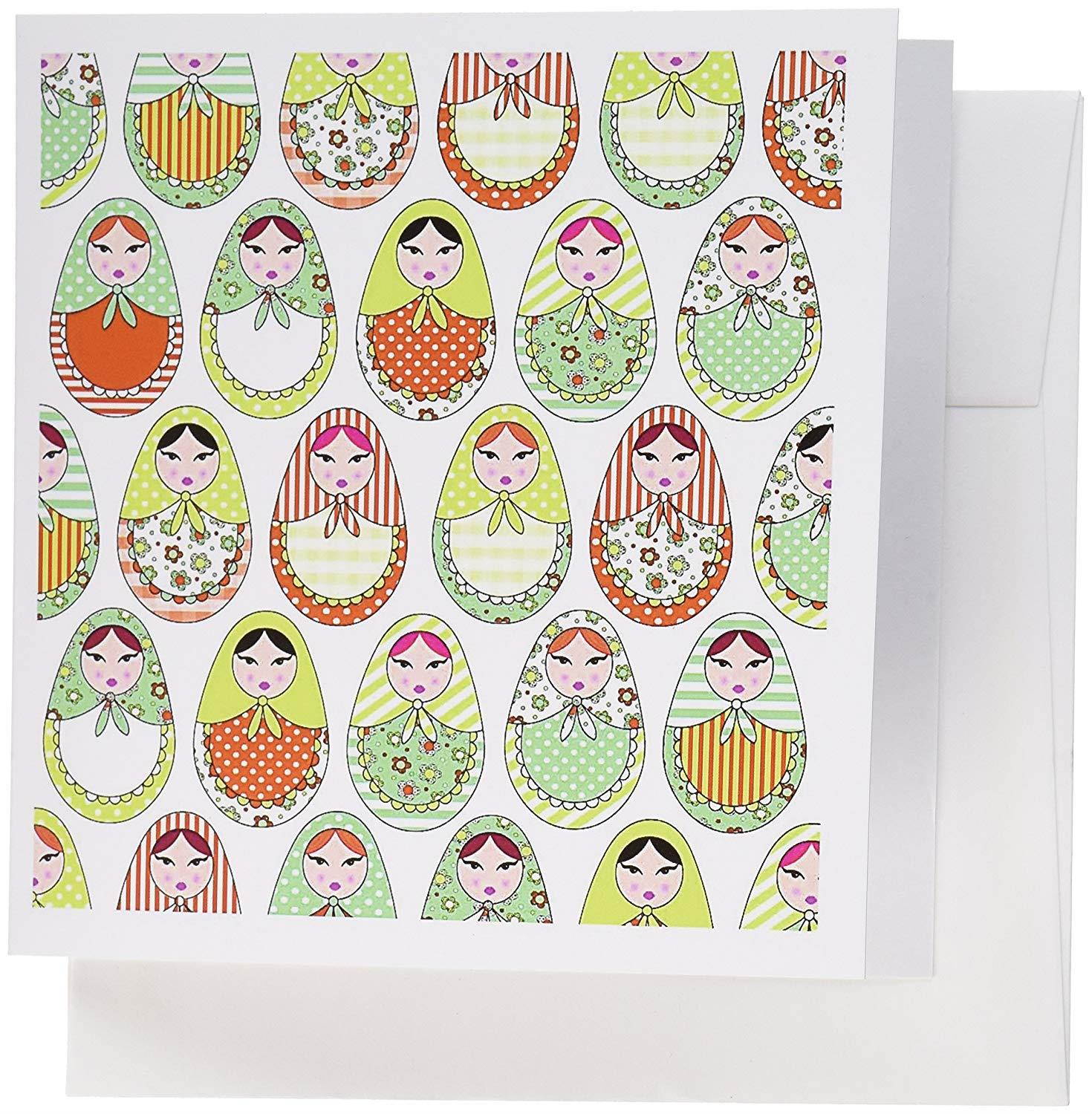 3dRose Cute Russian Matryoshka Nesting Dolls Print - Warm Colors White - Greeting Cards, 6 x 6 inches, set of 6 (gc_58631_1)