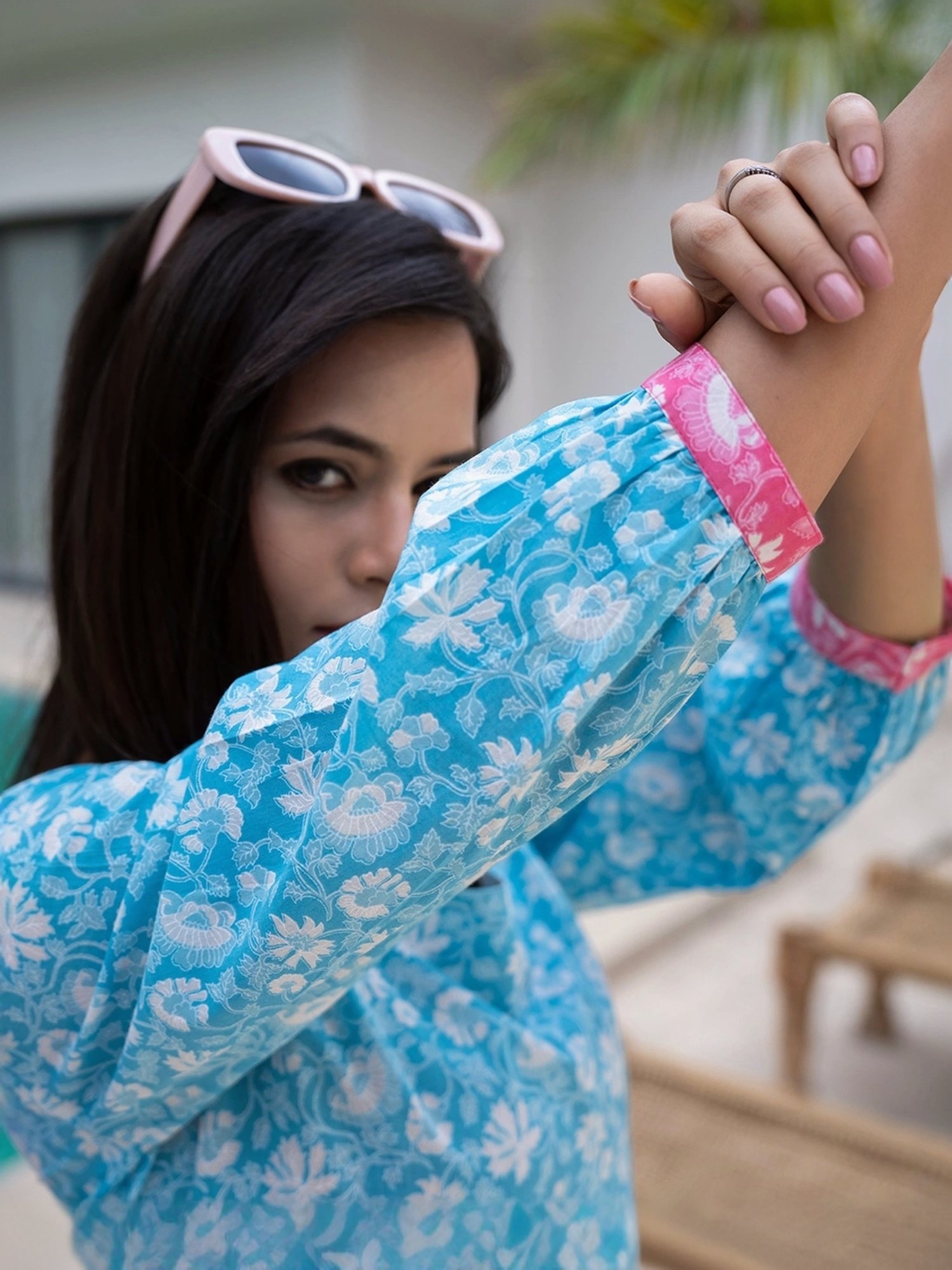 Yufta Blue Cotton Printed A-Line Dress