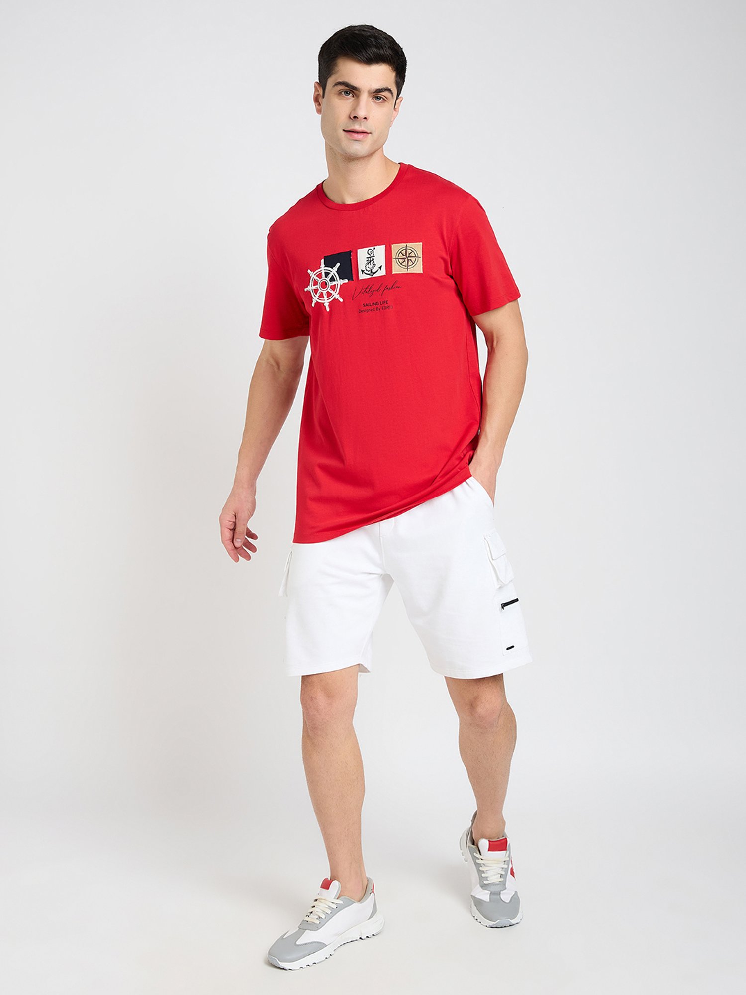 EDRIO Red Regular Fit Printed Crew T-Shirt