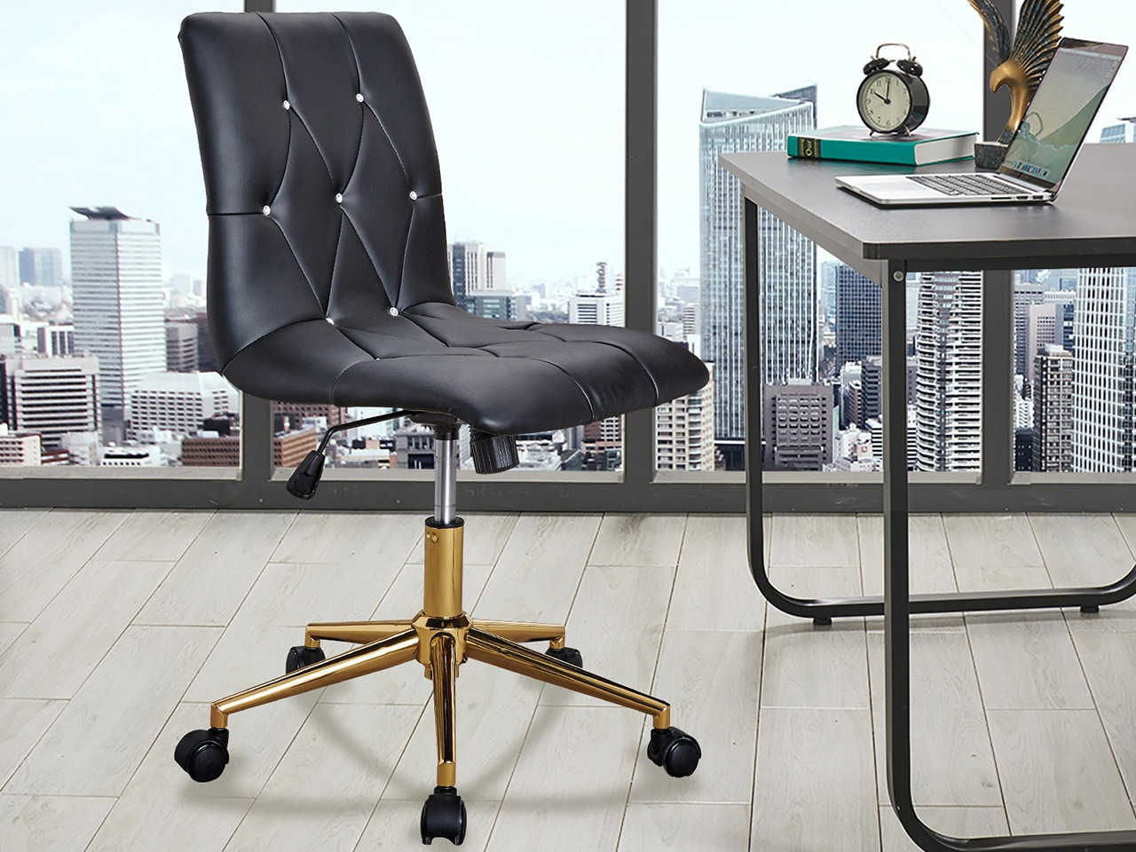 Swivel Height Adjustable Task Chair Armless PU Leather Tufted Office Chair