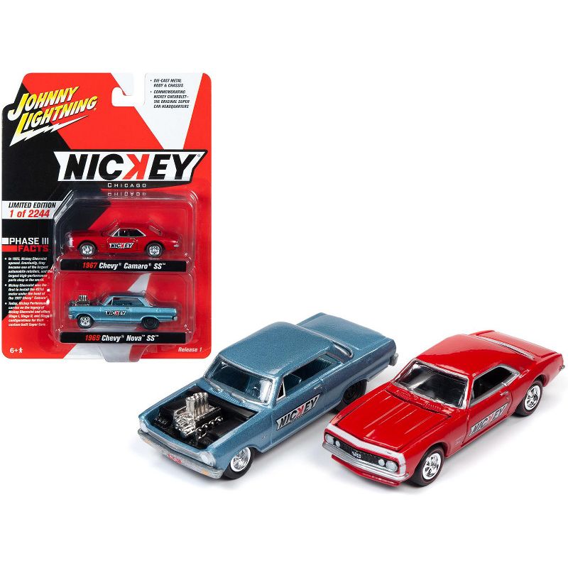 1965 Chevrolet Nova SS Blue Met. & 1967 Chevrolet Camaso SS Red 2 pc Set "Nickey" Ltd Ed 2244 pcs 1/64 Johnny Lightning