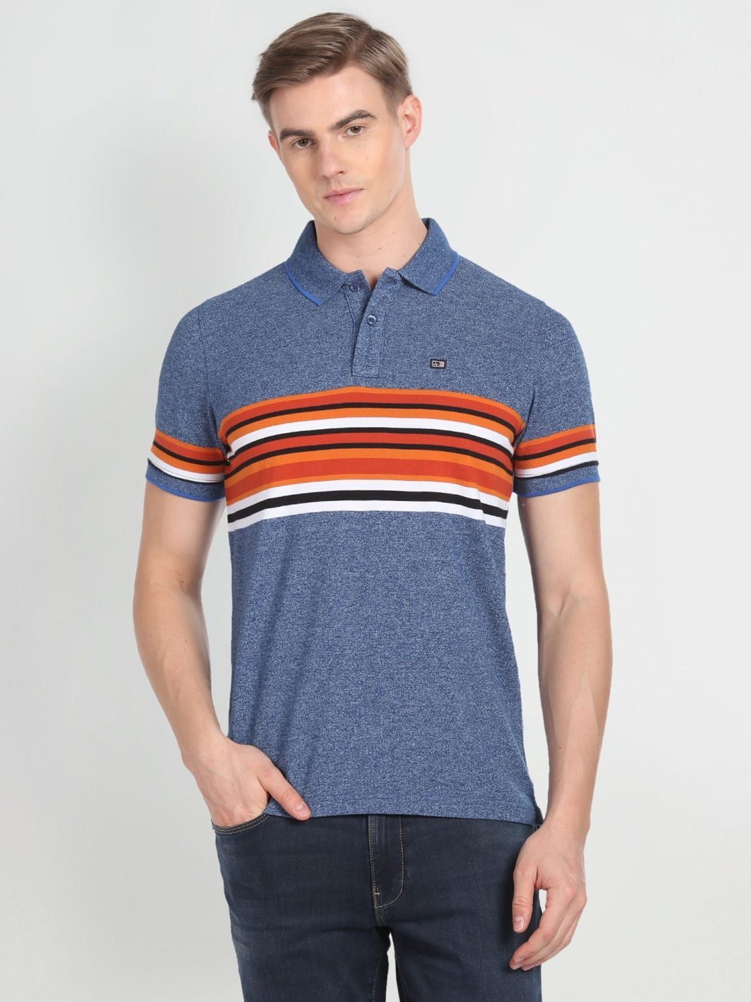 Arrow Sport Blue Cotton Regular Fit Striped Polo T-Shirt