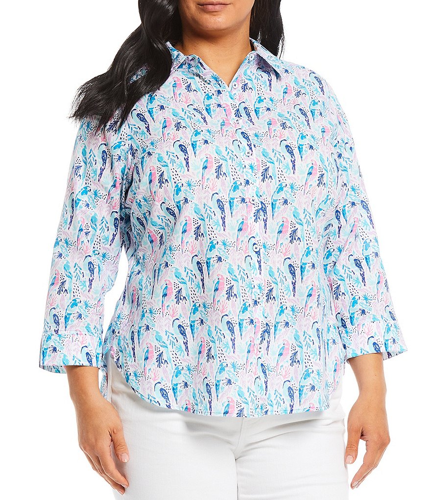 Foxcroft Plus Size Parrot Paradise Print Button Front Point Collar Neck Long Sleeve Top
