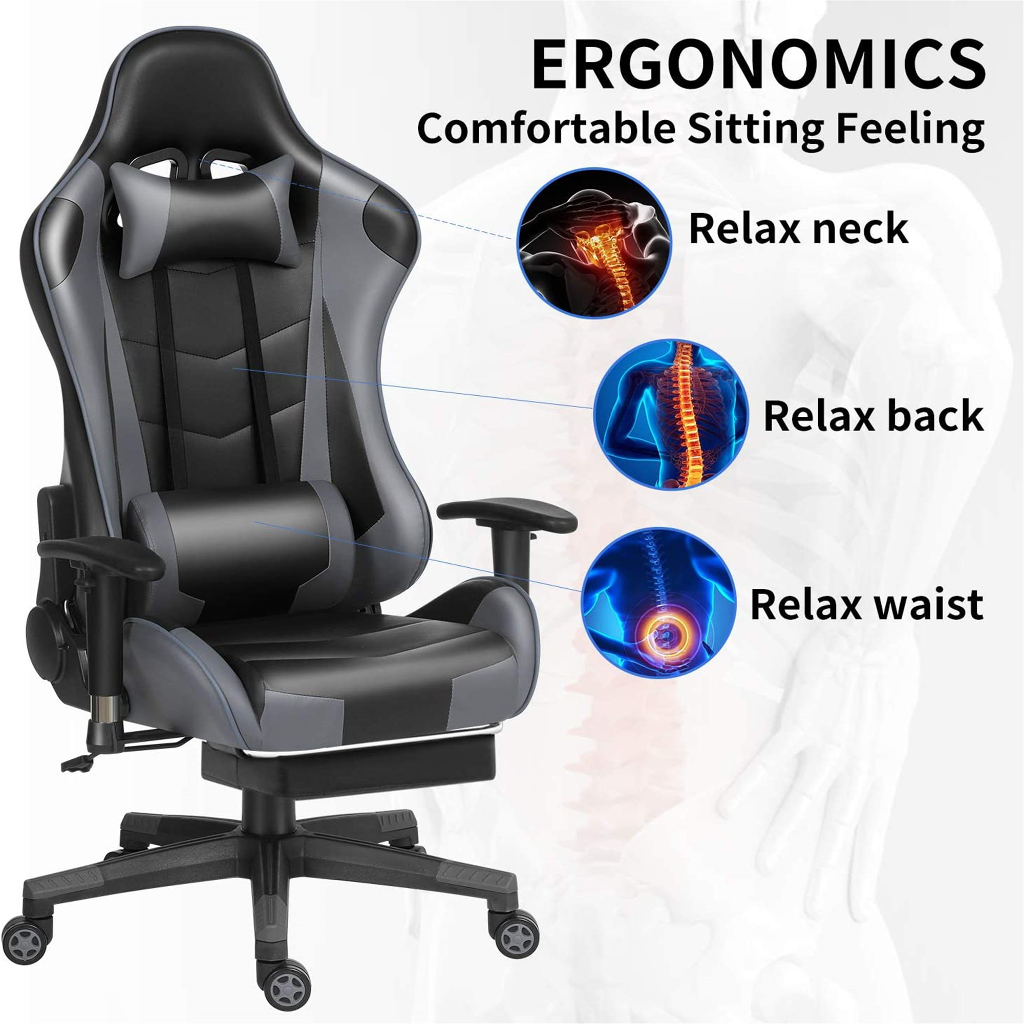 Ergonomic Gaming Chair Racing Chair E-Sports Chair Home Office Chair Computer Game Chair with PU Leather,3D Adjustable Arm,Memory Foam,Lumbar Support,Headrest and Footrest