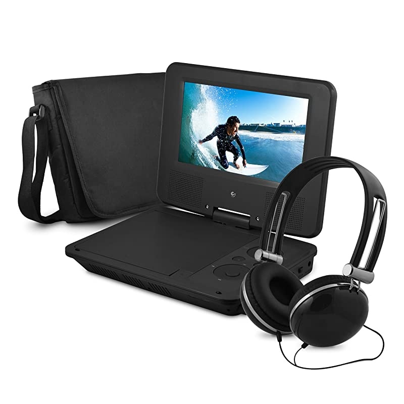 Portable DVD Player - 7-Inch High Resolution LCD Display, ON-THE-GO Movies, Music & Photos, 180 Degree Swivel, Premium Headphones, Travel Case