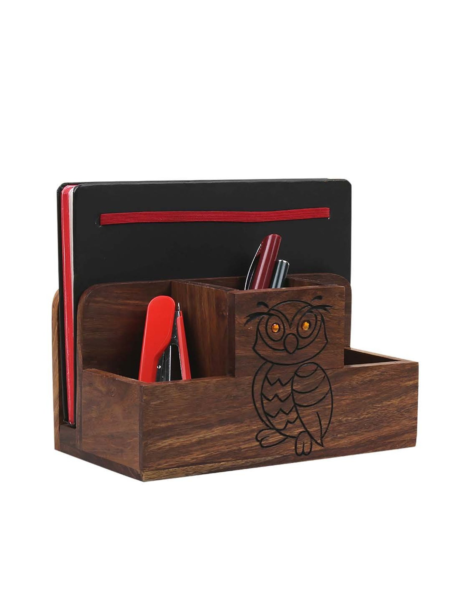 VarEesha Dark Brown Sheesham Wood Wise Owl Penstand - Set of 1