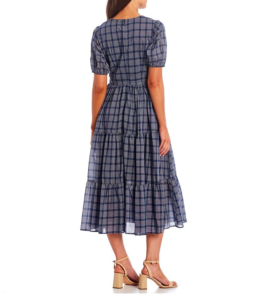 Pendleton Short Sleeve V-Neck Tiered Plaid Midi Dress