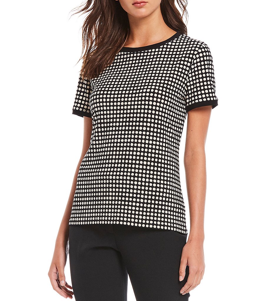 Anne Klein Dot Print Knit Jersey Short Sleeve Crew Neck Button Back Top