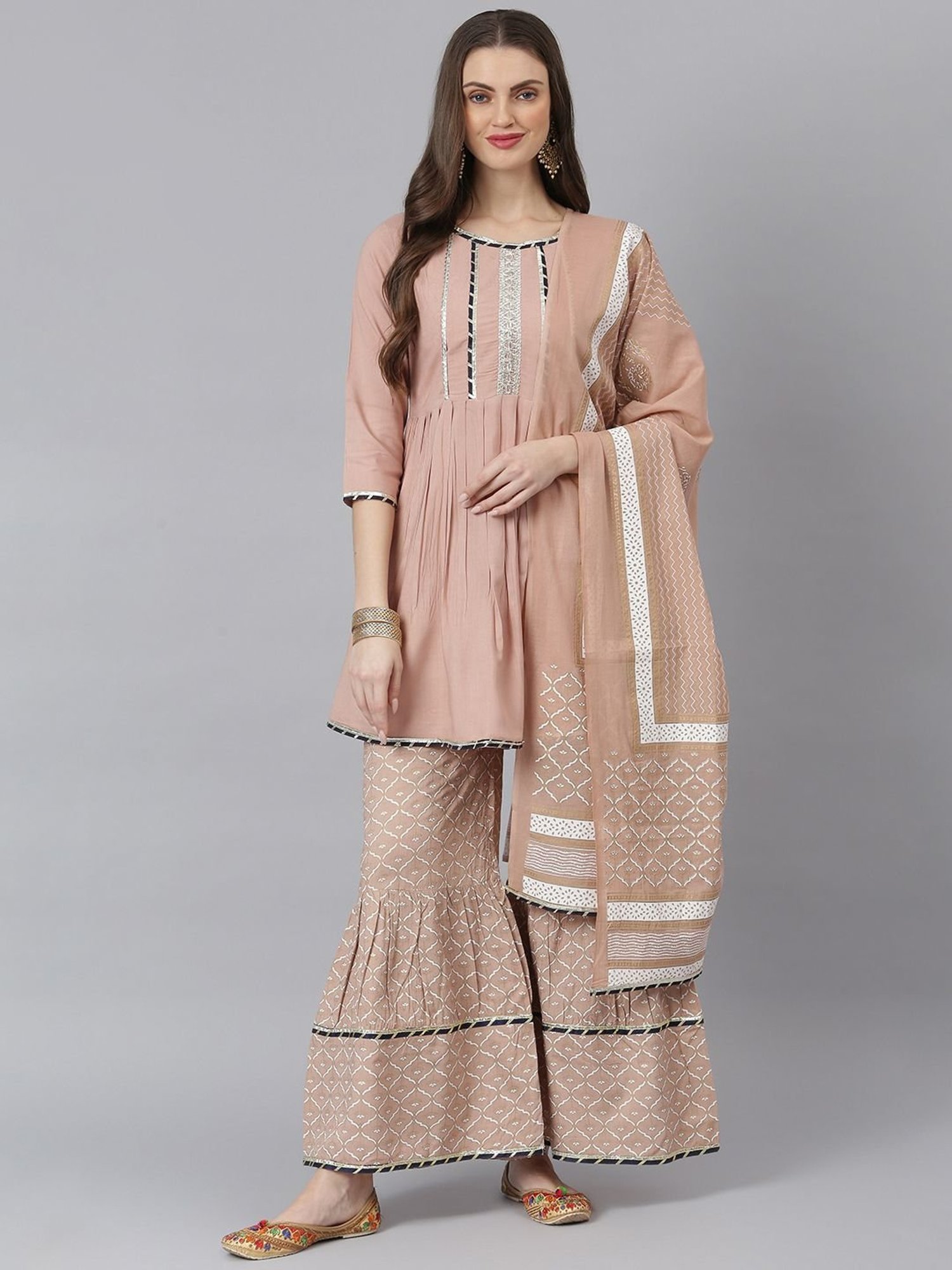 Stylum Beige Zari Work Kurti Sharara Set With Dupatta