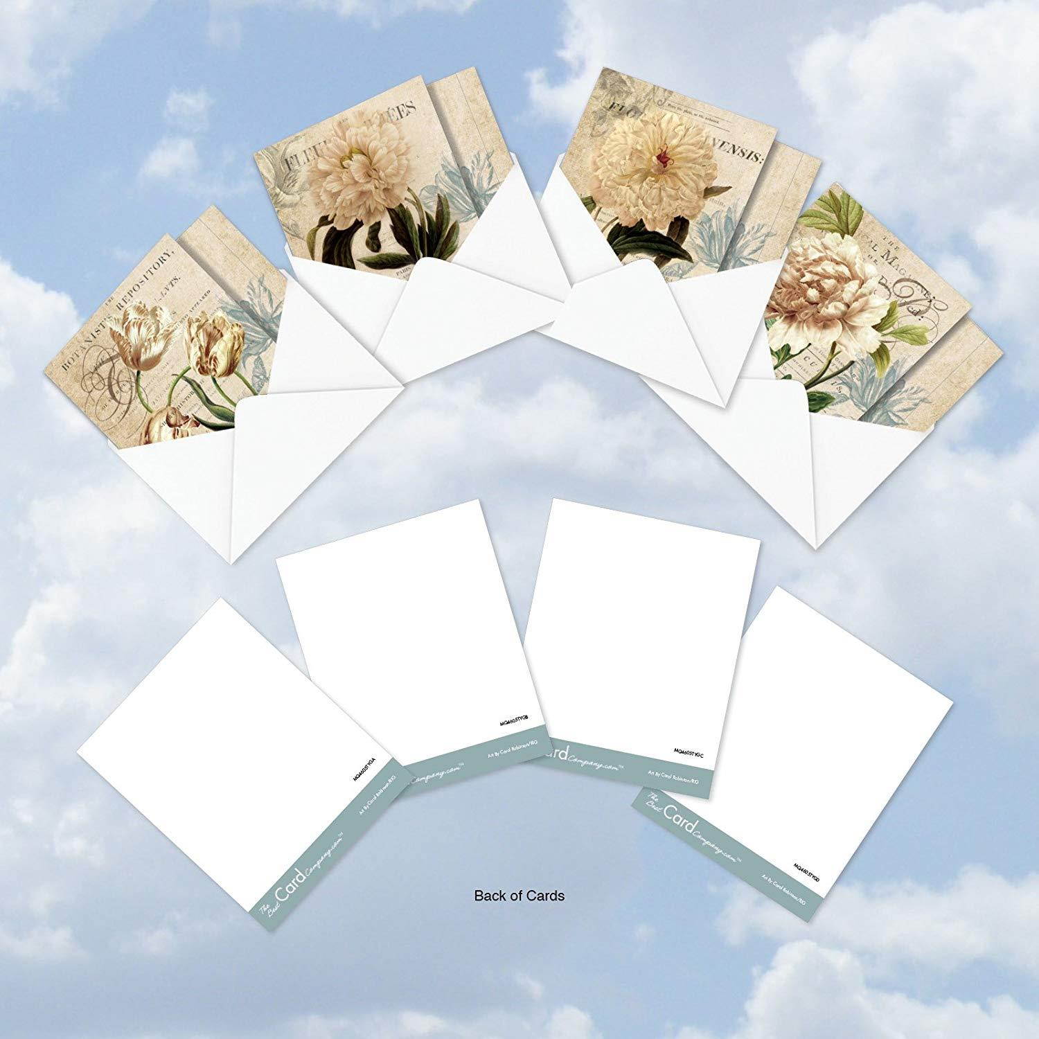 MQ4605TYG-B3x4 Painted Peonies: 12 Assorted 'Square-Top' Thank You Note Cards Featuring Collage Style Floral Images Combined with Printed Background Image with Envelopes.
