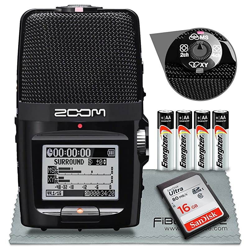H2N Handy Recorder with Five Mic Capsules - Bundle With 16GB SDHC Card, 4 AA Batteries, Microfiber Cloth